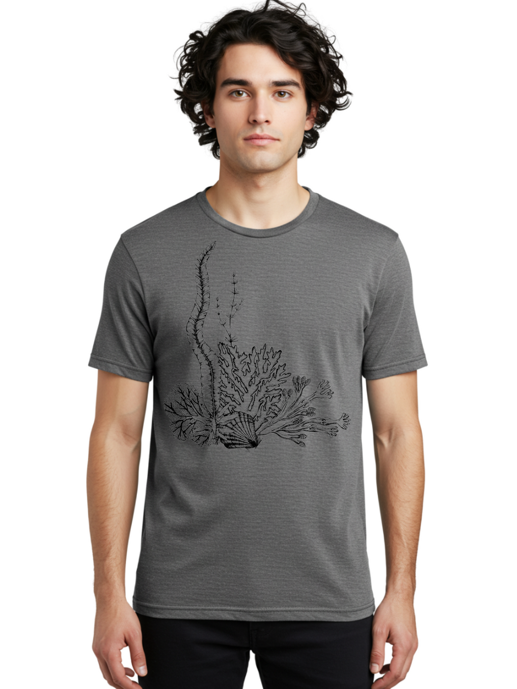 Seaweed-Illustration Men'S Graphic Tee, 100% Cotton, Comfortable Casual Summer Wear, Machine Washable, Detailed Seaweed, Oceanic Foliage, Black Ink Illustration, Floral Seaweed, Underwater Scenery, Marine Life, Botanical Art Aad753