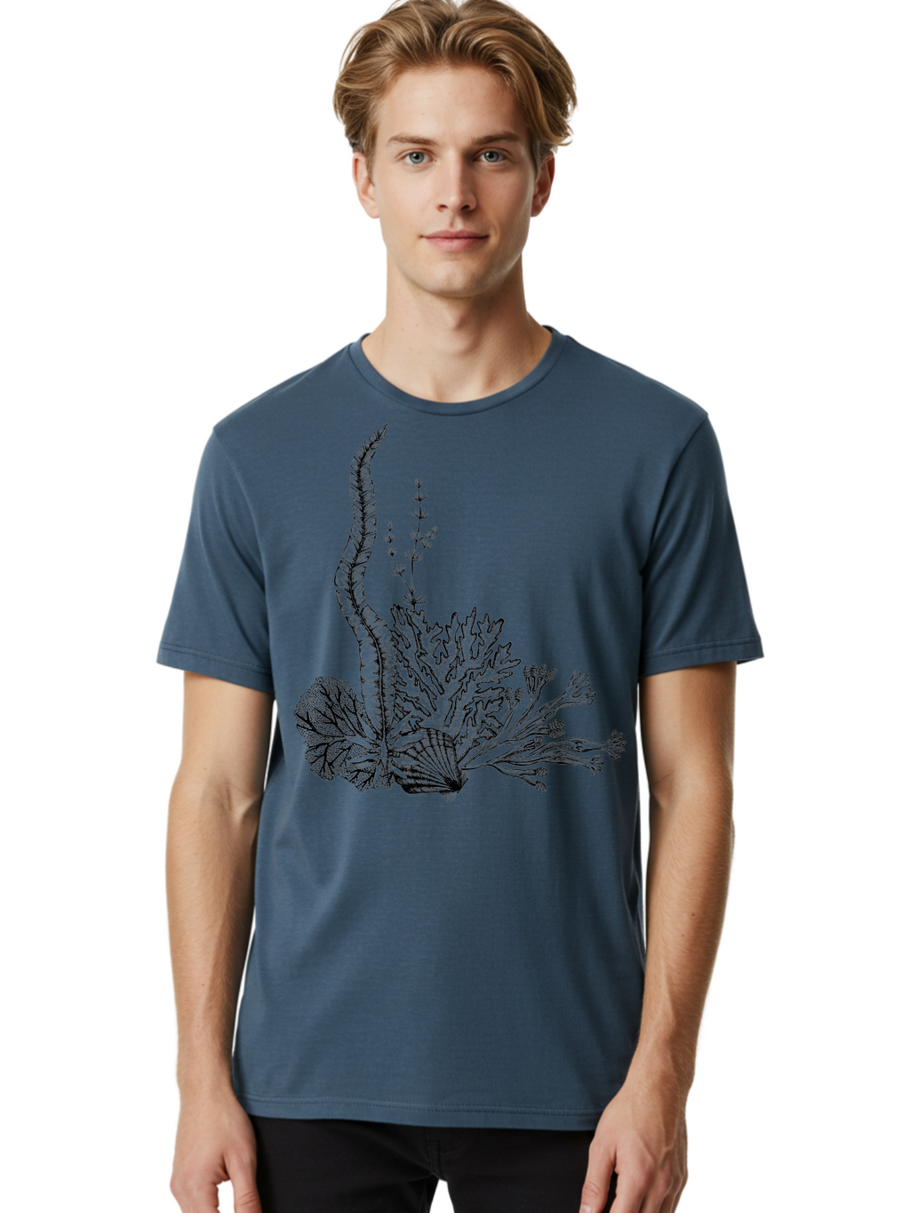 Seaweed-Illustration Men'S Graphic Tee, 100% Cotton, Comfortable Casual Summer Wear, Machine Washable, Detailed Seaweed, Oceanic Foliage, Black Ink Illustration, Floral Seaweed, Underwater Scenery, Marine Life, Botanical Art Aad753