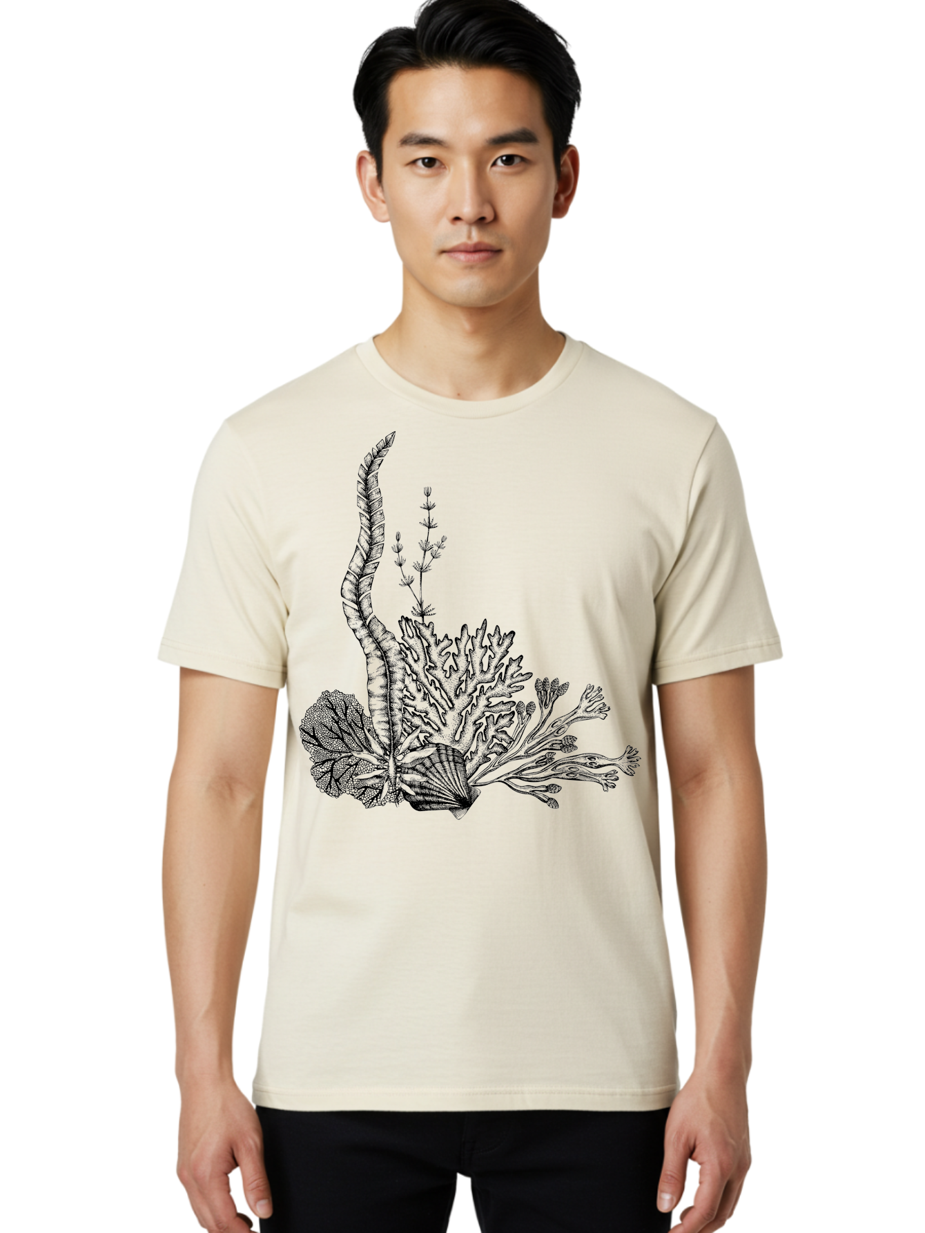 Seaweed-Illustration Men'S Graphic Tee, 100% Cotton, Comfortable Casual Summer Wear, Machine Washable, Detailed Seaweed, Oceanic Foliage, Black Ink Illustration, Floral Seaweed, Underwater Scenery, Marine Life, Botanical Art Aad753