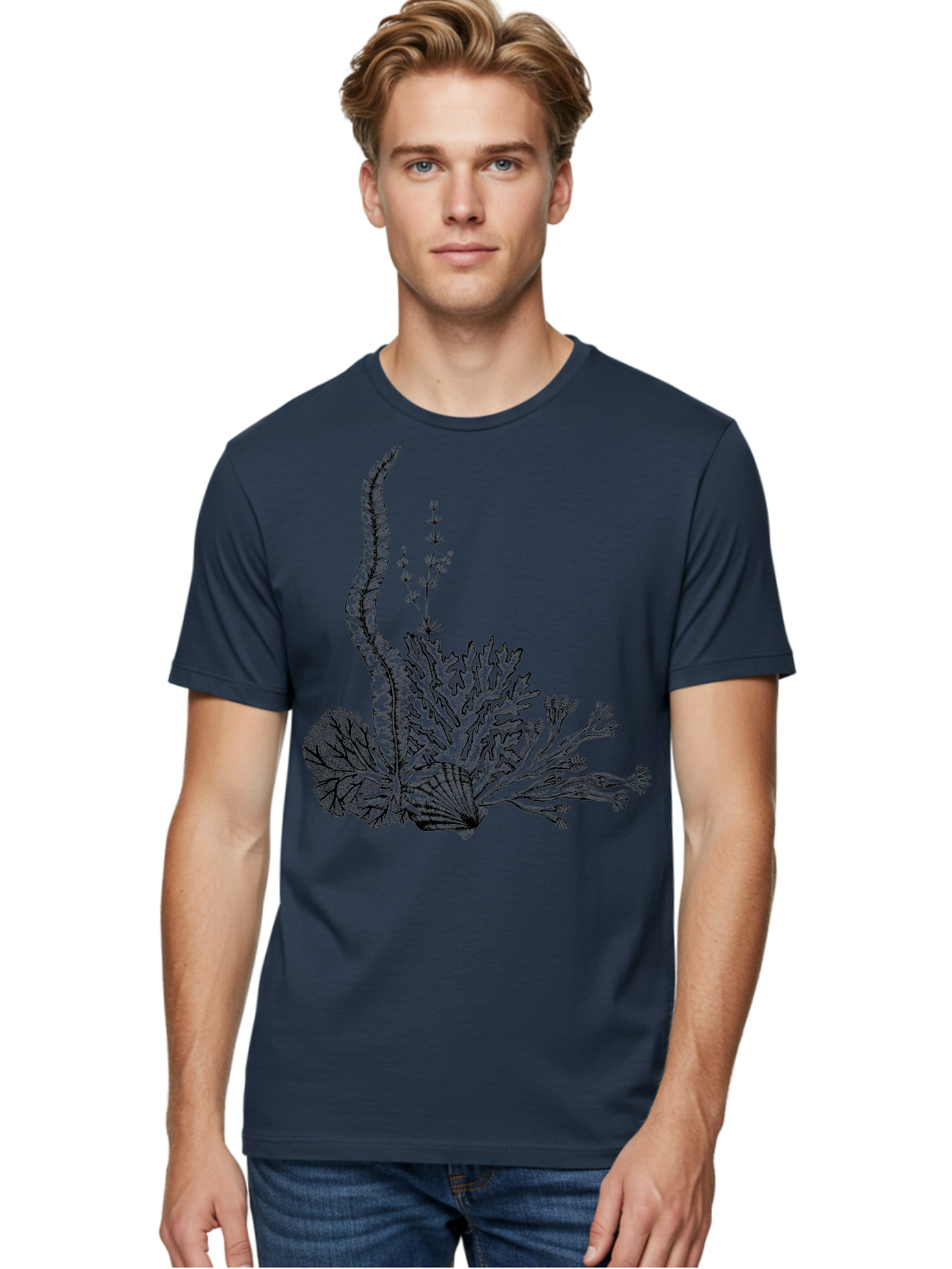 Seaweed-Illustration Men'S Graphic Tee, 100% Cotton, Comfortable Casual Summer Wear, Machine Washable, Detailed Seaweed, Oceanic Foliage, Black Ink Illustration, Floral Seaweed, Underwater Scenery, Marine Life, Botanical Art Aad753