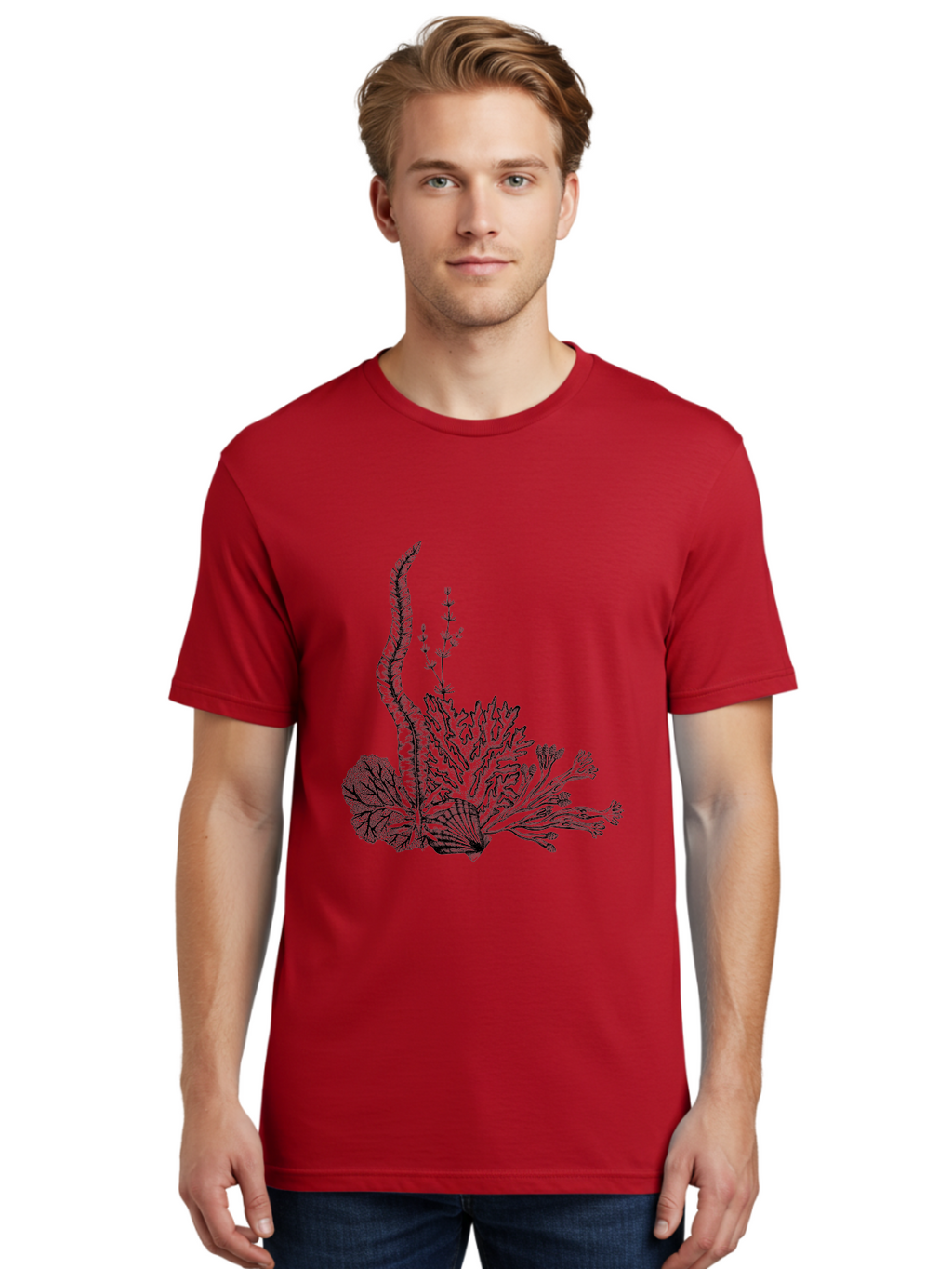 Seaweed-Illustration Men'S Graphic Tee, 100% Cotton, Comfortable Casual Summer Wear, Machine Washable, Detailed Seaweed, Oceanic Foliage, Black Ink Illustration, Floral Seaweed, Underwater Scenery, Marine Life, Botanical Art Aad753