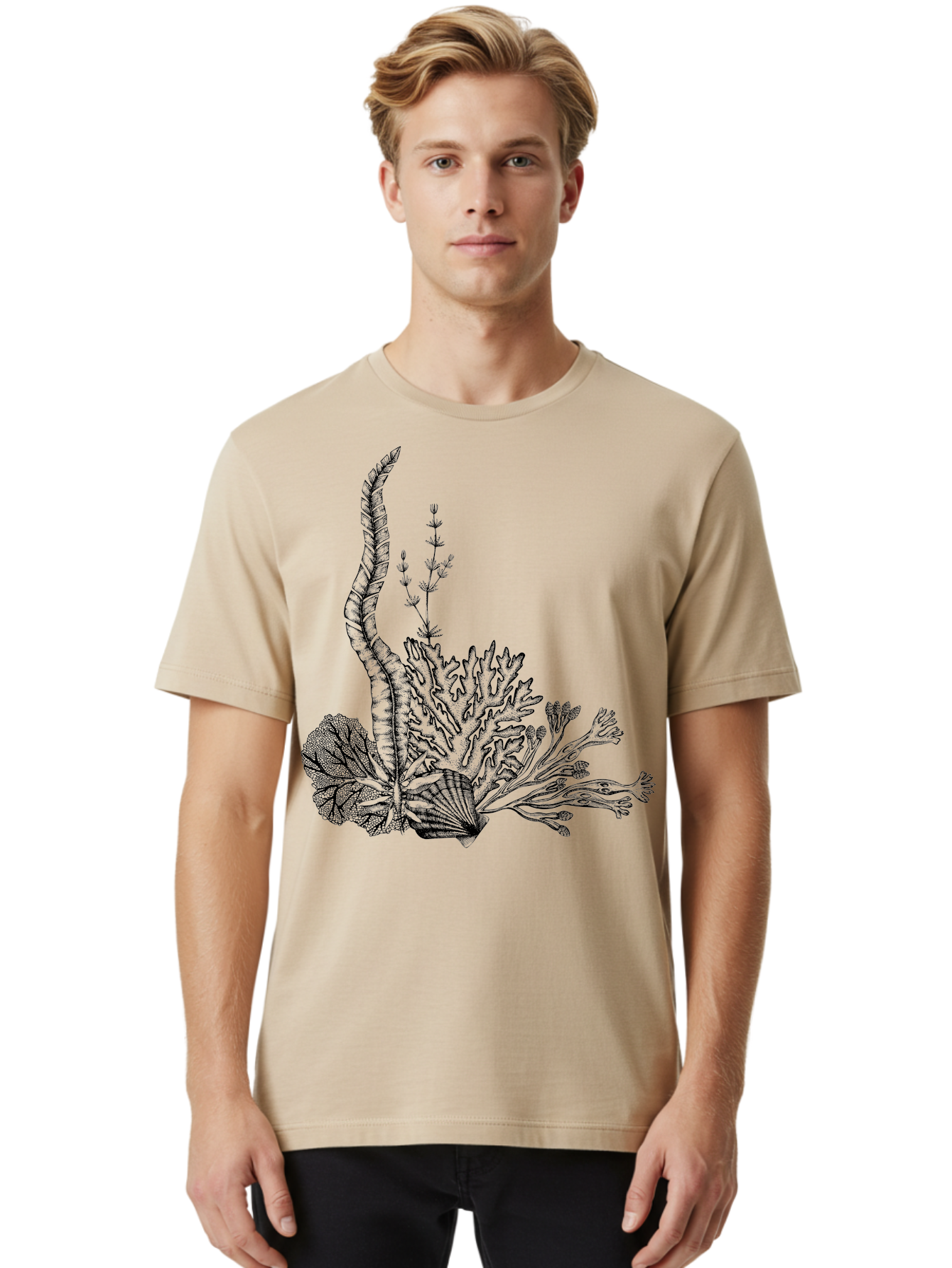 Seaweed-Illustration Men'S Graphic Tee, 100% Cotton, Comfortable Casual Summer Wear, Machine Washable, Detailed Seaweed, Oceanic Foliage, Black Ink Illustration, Floral Seaweed, Underwater Scenery, Marine Life, Botanical Art Aad753