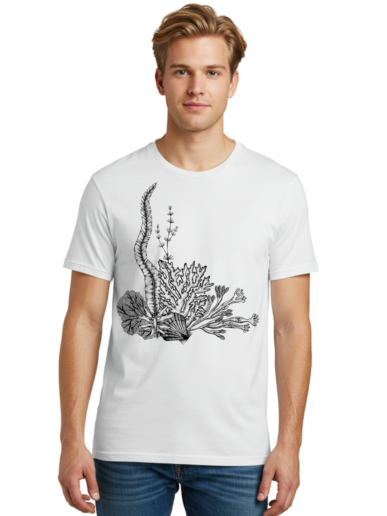 Seaweed-Illustration Men'S Graphic Tee, 100% Cotton, Comfortable Casual Summer Wear, Machine Washable, Detailed Seaweed, Oceanic Foliage, Black Ink Illustration, Floral Seaweed, Underwater Scenery, Marine Life, Botanical Art Aad753