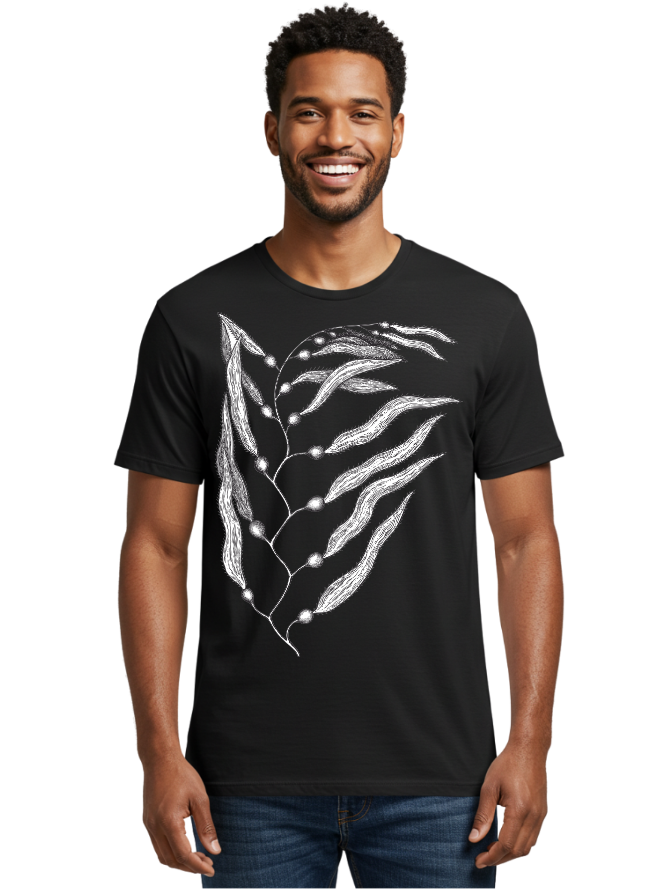 Seaweed Men'S Graphic Tee, 100% Cotton, Comfortable Casual Summer Wear, Machine Washable, Illustrated Branch With Leaves, Branch With Fruit, Foliage Illustration, Silver Leaves, Detailed Artwork, Botanical Illustration, Natural Elements, Aad754