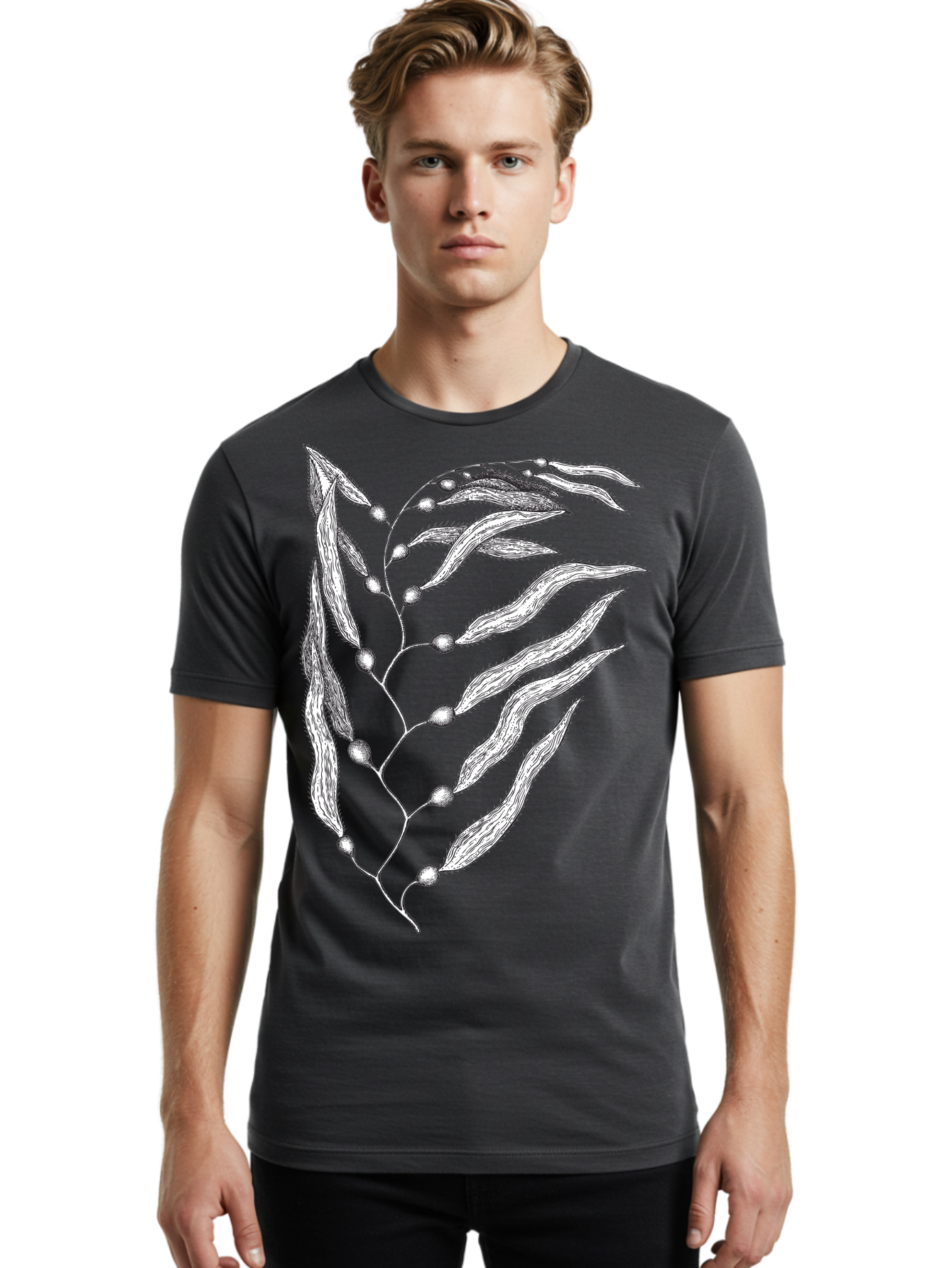 Seaweed Men'S Graphic Tee, 100% Cotton, Comfortable Casual Summer Wear, Machine Washable, Illustrated Branch With Leaves, Branch With Fruit, Foliage Illustration, Silver Leaves, Detailed Artwork, Botanical Illustration, Natural Elements, Aad754