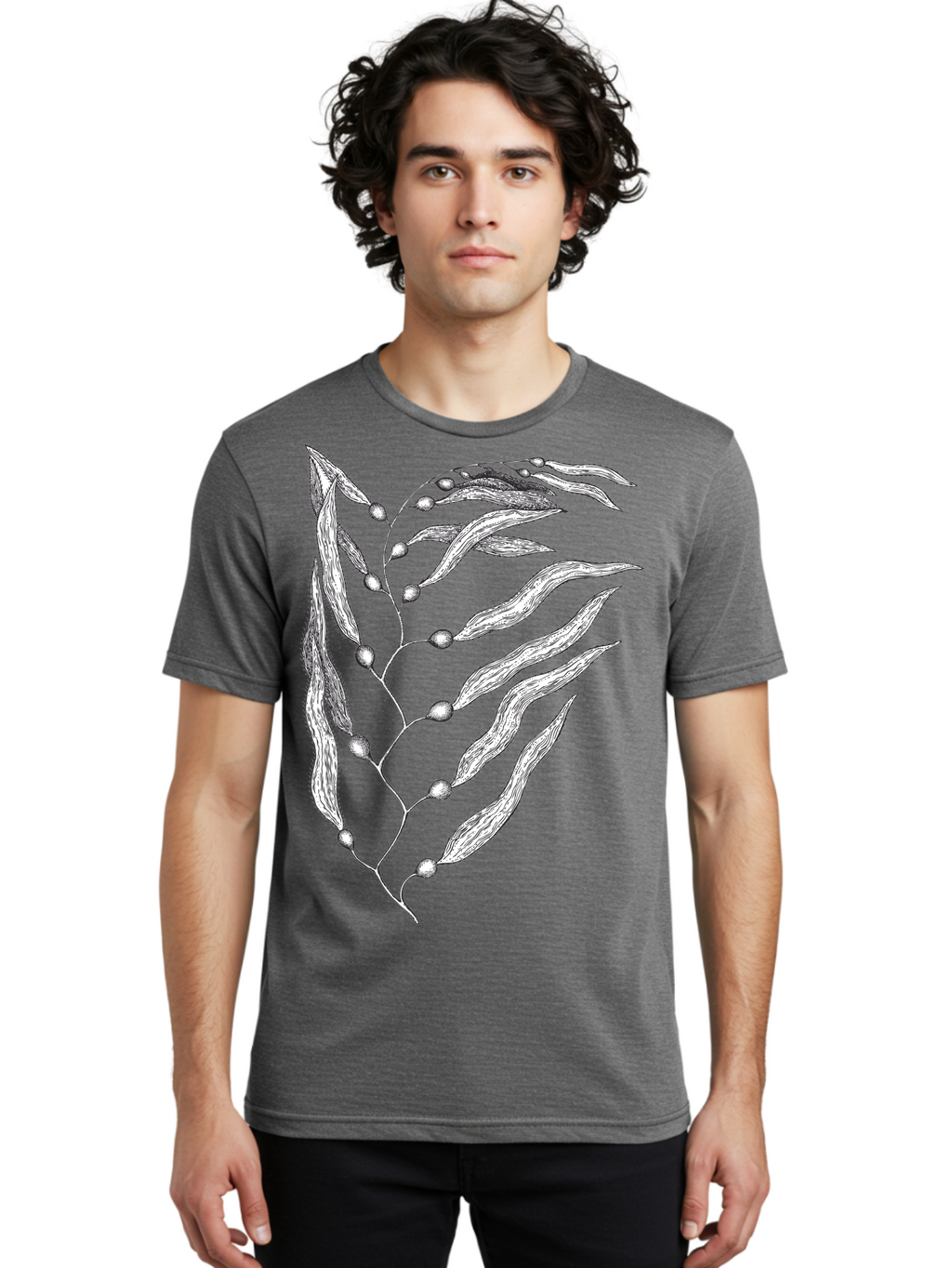 Seaweed Men'S Graphic Tee, 100% Cotton, Comfortable Casual Summer Wear, Machine Washable, Illustrated Branch With Leaves, Branch With Fruit, Foliage Illustration, Silver Leaves, Detailed Artwork, Botanical Illustration, Natural Elements, Aad754