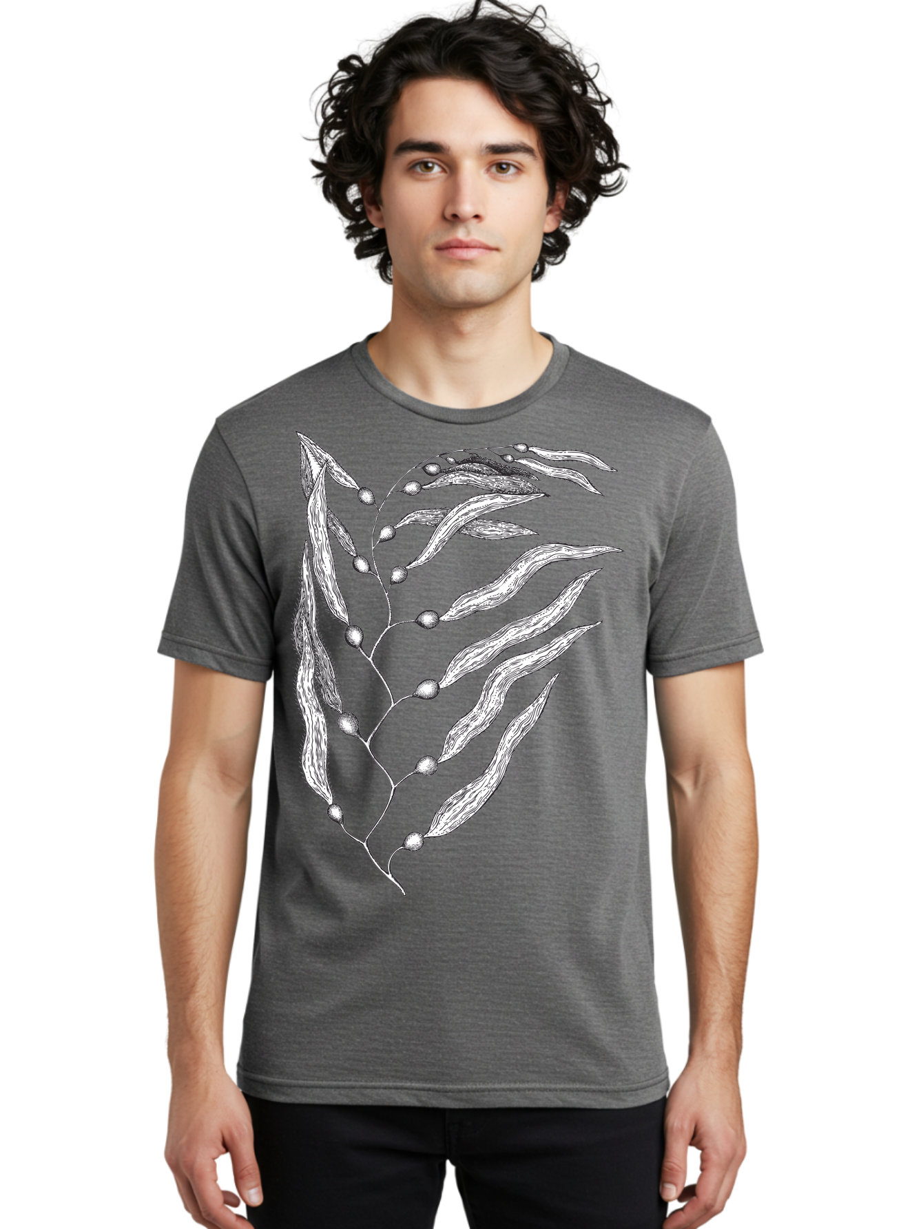 Seaweed Men'S Graphic Tee, 100% Cotton, Comfortable Casual Summer Wear, Machine Washable, Illustrated Branch With Leaves, Branch With Fruit, Foliage Illustration, Silver Leaves, Detailed Artwork, Botanical Illustration, Natural Elements, Aad754