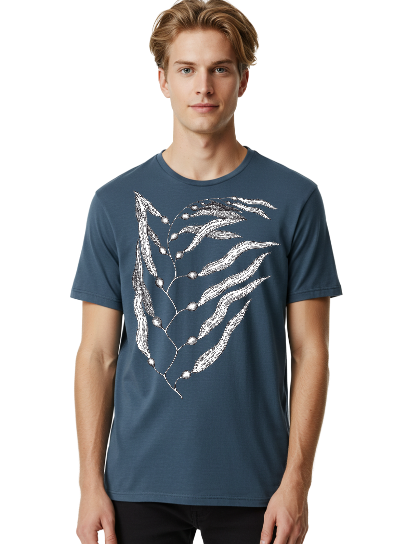 Seaweed Men'S Graphic Tee, 100% Cotton, Comfortable Casual Summer Wear, Machine Washable, Illustrated Branch With Leaves, Branch With Fruit, Foliage Illustration, Silver Leaves, Detailed Artwork, Botanical Illustration, Natural Elements, Aad754