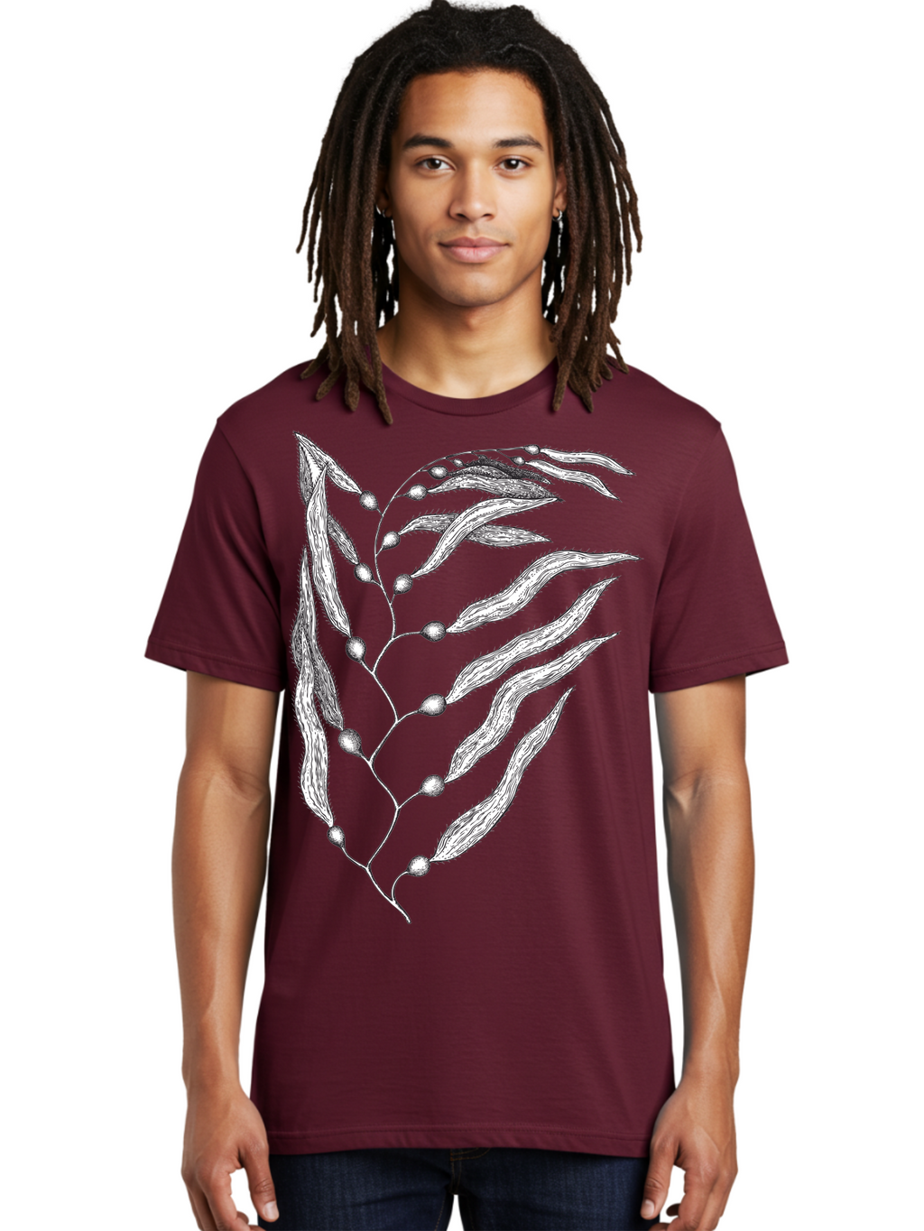 Seaweed Men'S Graphic Tee, 100% Cotton, Comfortable Casual Summer Wear, Machine Washable, Illustrated Branch With Leaves, Branch With Fruit, Foliage Illustration, Silver Leaves, Detailed Artwork, Botanical Illustration, Natural Elements, Aad754