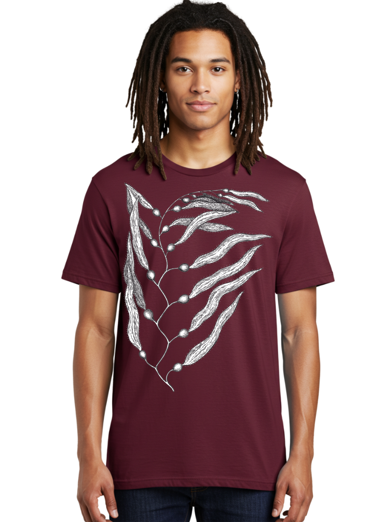 Seaweed Men'S Graphic Tee, 100% Cotton, Comfortable Casual Summer Wear, Machine Washable, Illustrated Branch With Leaves, Branch With Fruit, Foliage Illustration, Silver Leaves, Detailed Artwork, Botanical Illustration, Natural Elements, Aad754