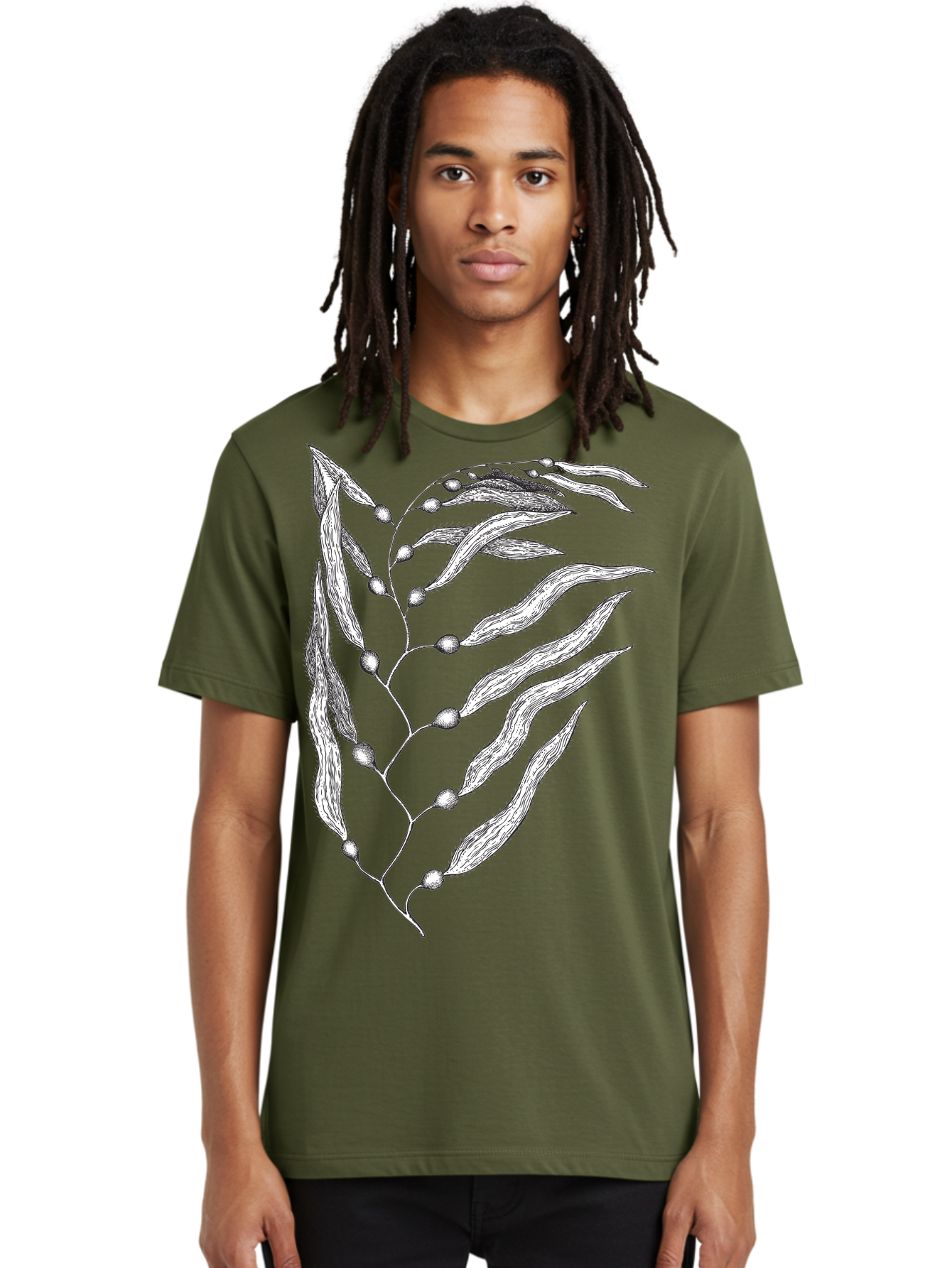 Seaweed Men'S Graphic Tee, 100% Cotton, Comfortable Casual Summer Wear, Machine Washable, Illustrated Branch With Leaves, Branch With Fruit, Foliage Illustration, Silver Leaves, Detailed Artwork, Botanical Illustration, Natural Elements, Aad754