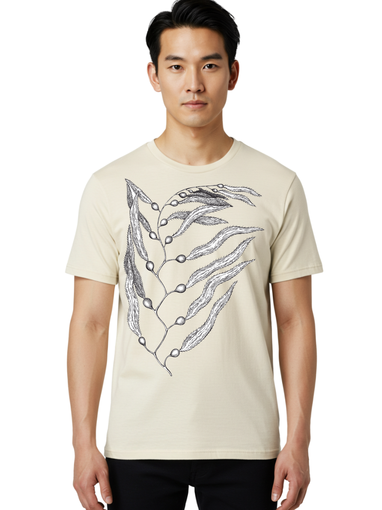 Seaweed Men'S Graphic Tee, 100% Cotton, Comfortable Casual Summer Wear, Machine Washable, Illustrated Branch With Leaves, Branch With Fruit, Foliage Illustration, Silver Leaves, Detailed Artwork, Botanical Illustration, Natural Elements, Aad754