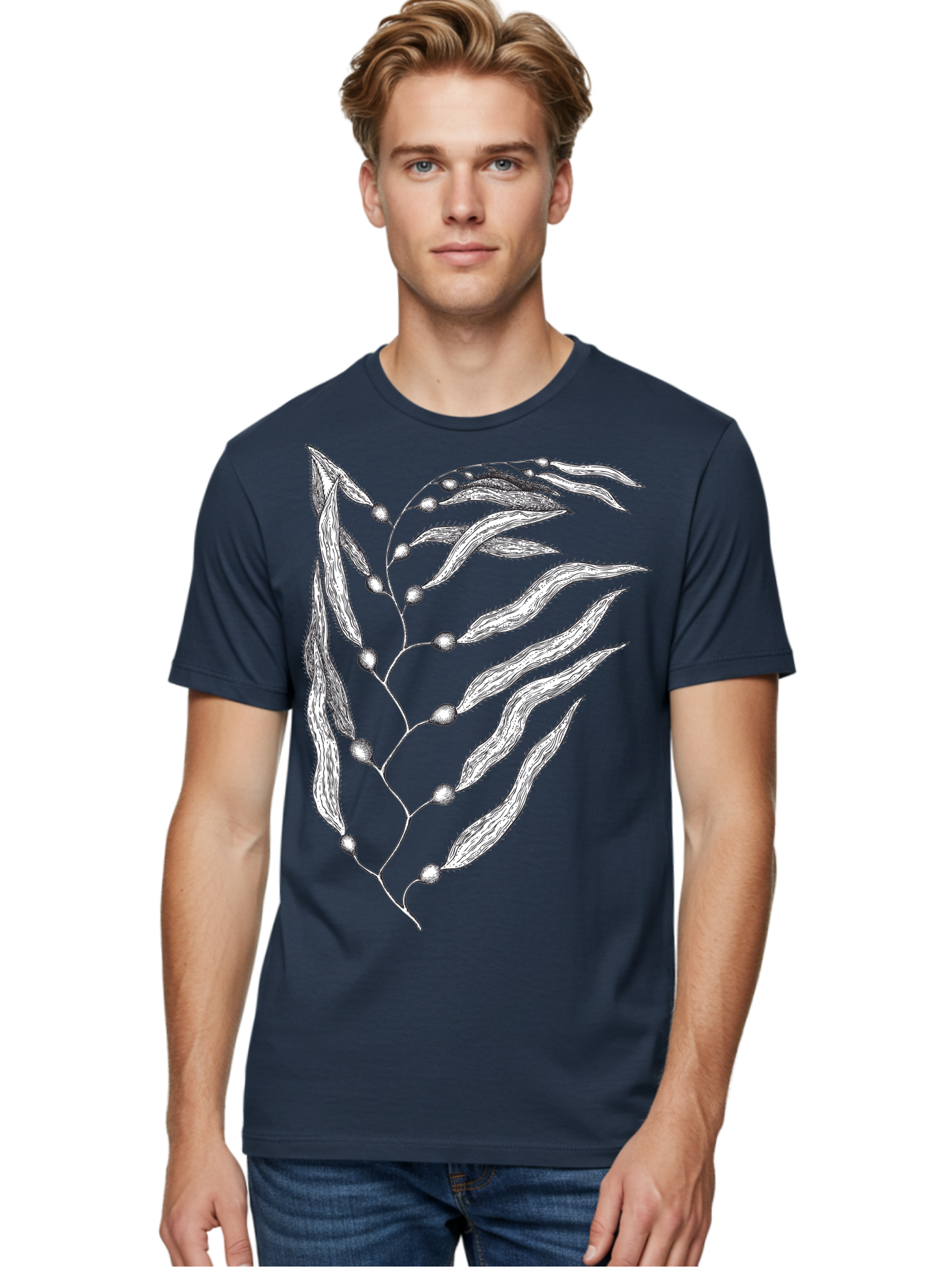 Seaweed Men'S Graphic Tee, 100% Cotton, Comfortable Casual Summer Wear, Machine Washable, Illustrated Branch With Leaves, Branch With Fruit, Foliage Illustration, Silver Leaves, Detailed Artwork, Botanical Illustration, Natural Elements, Aad754