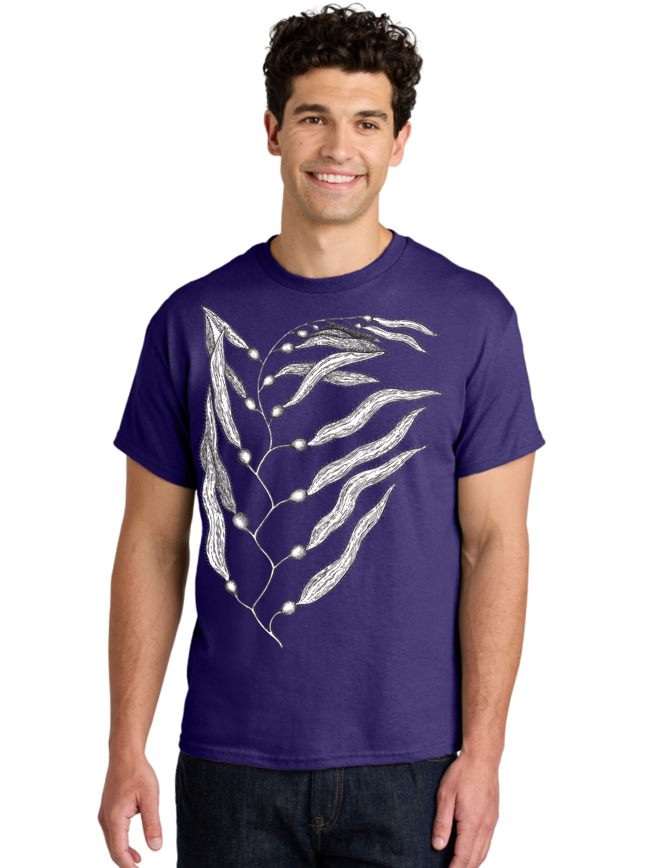 Seaweed Men'S Graphic Tee, 100% Cotton, Comfortable Casual Summer Wear, Machine Washable, Illustrated Branch With Leaves, Branch With Fruit, Foliage Illustration, Silver Leaves, Detailed Artwork, Botanical Illustration, Natural Elements, Aad754