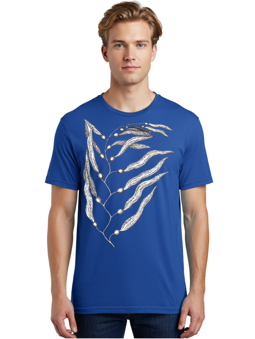 Seaweed Men'S Graphic Tee, 100% Cotton, Comfortable Casual Summer Wear, Machine Washable, Illustrated Branch With Leaves, Branch With Fruit, Foliage Illustration, Silver Leaves, Detailed Artwork, Botanical Illustration, Natural Elements, Aad754