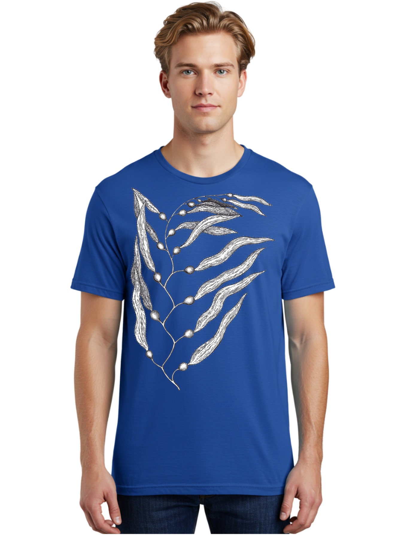 Seaweed Men'S Graphic Tee, 100% Cotton, Comfortable Casual Summer Wear, Machine Washable, Illustrated Branch With Leaves, Branch With Fruit, Foliage Illustration, Silver Leaves, Detailed Artwork, Botanical Illustration, Natural Elements, Aad754