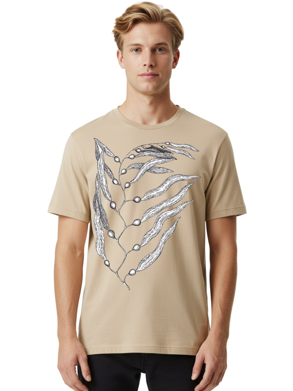 Seaweed Men'S Graphic Tee, 100% Cotton, Comfortable Casual Summer Wear, Machine Washable, Illustrated Branch With Leaves, Branch With Fruit, Foliage Illustration, Silver Leaves, Detailed Artwork, Botanical Illustration, Natural Elements, Aad754