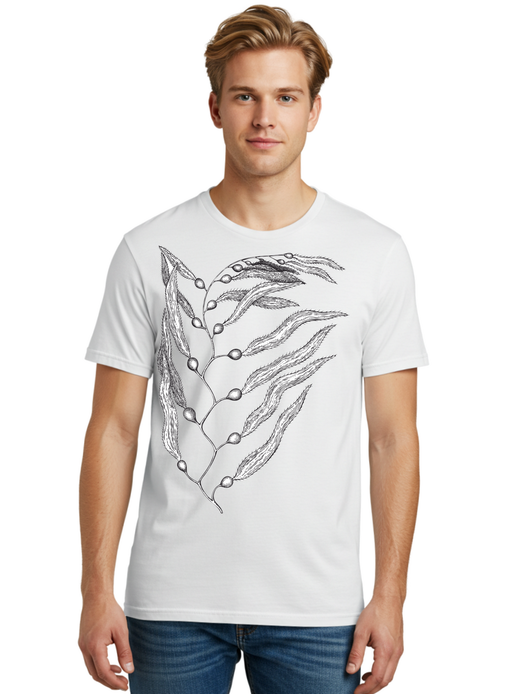 Seaweed Men'S Graphic Tee, 100% Cotton, Comfortable Casual Summer Wear, Machine Washable, Illustrated Branch With Leaves, Branch With Fruit, Foliage Illustration, Silver Leaves, Detailed Artwork, Botanical Illustration, Natural Elements, Aad754