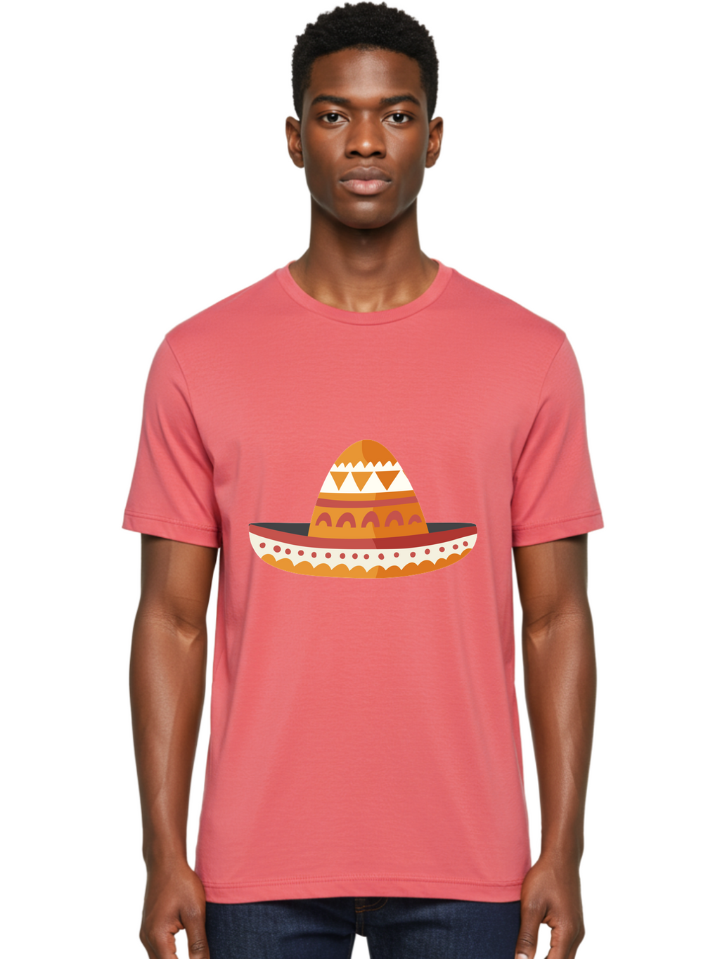 Sombrero-3 Men'S Graphic Tee, 100% Cotton, Comfortable Casual Summer Wear, Machine Washable, Traditional Mexican Hat, Vibrant Colors, Festive Atmosphere, Cultural Heritage, Orange And Red Stripes, White Accents, Decorative Patterns, Aad758