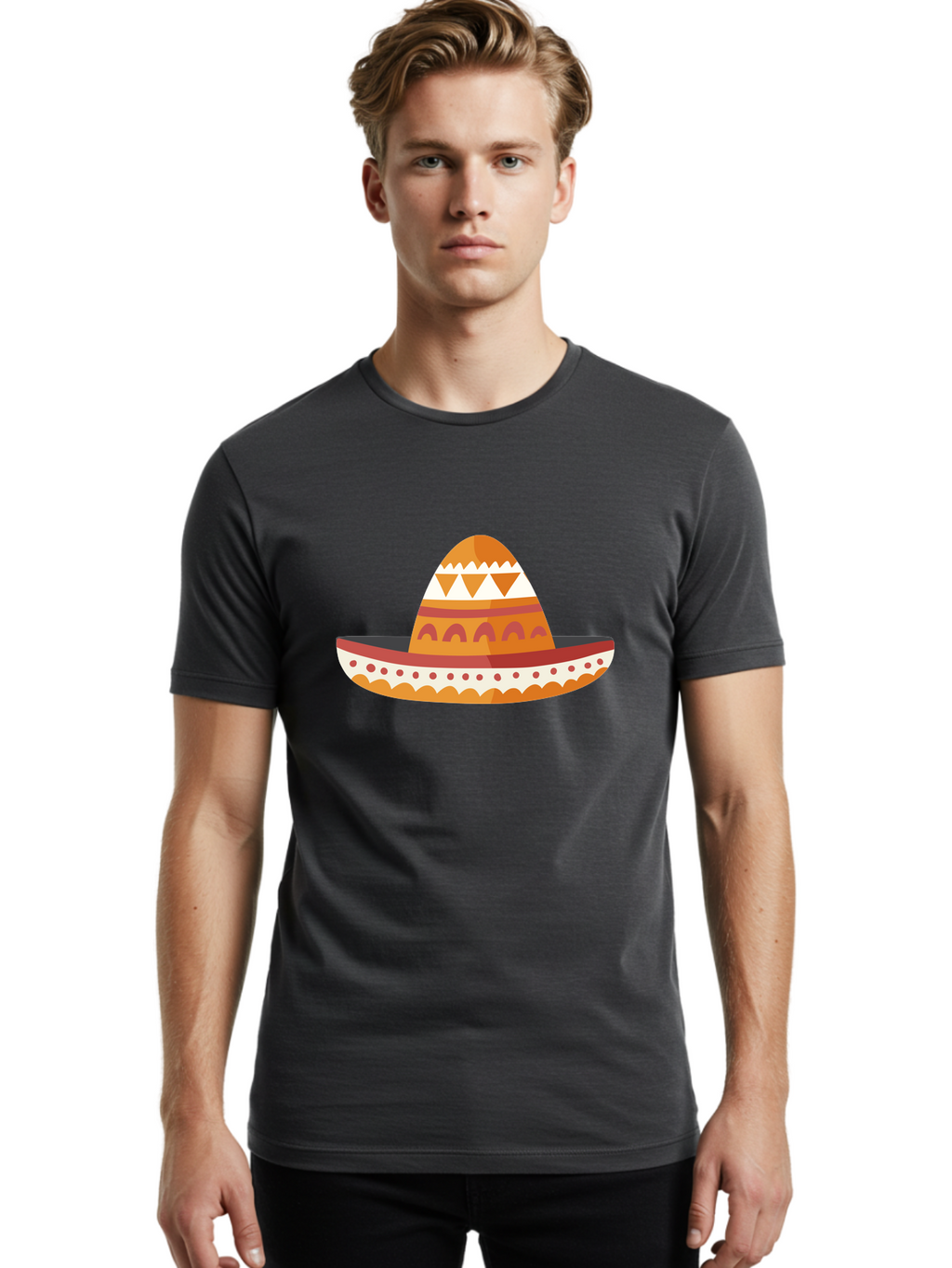 Sombrero-3 Men'S Graphic Tee, 100% Cotton, Comfortable Casual Summer Wear, Machine Washable, Traditional Mexican Hat, Vibrant Colors, Festive Atmosphere, Cultural Heritage, Orange And Red Stripes, White Accents, Decorative Patterns, Aad758