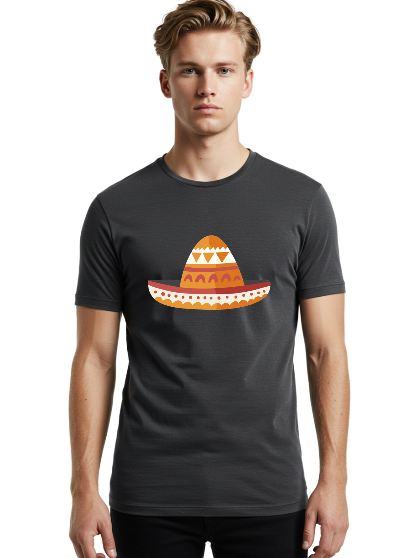 Sombrero-3 Men'S Graphic Tee, 100% Cotton, Comfortable Casual Summer Wear, Machine Washable, Traditional Mexican Hat, Vibrant Colors, Festive Atmosphere, Cultural Heritage, Orange And Red Stripes, White Accents, Decorative Patterns, Aad758