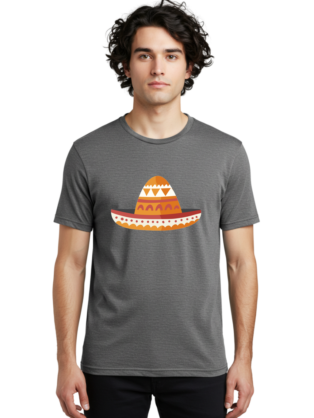 Sombrero-3 Men'S Graphic Tee, 100% Cotton, Comfortable Casual Summer Wear, Machine Washable, Traditional Mexican Hat, Vibrant Colors, Festive Atmosphere, Cultural Heritage, Orange And Red Stripes, White Accents, Decorative Patterns, Aad758