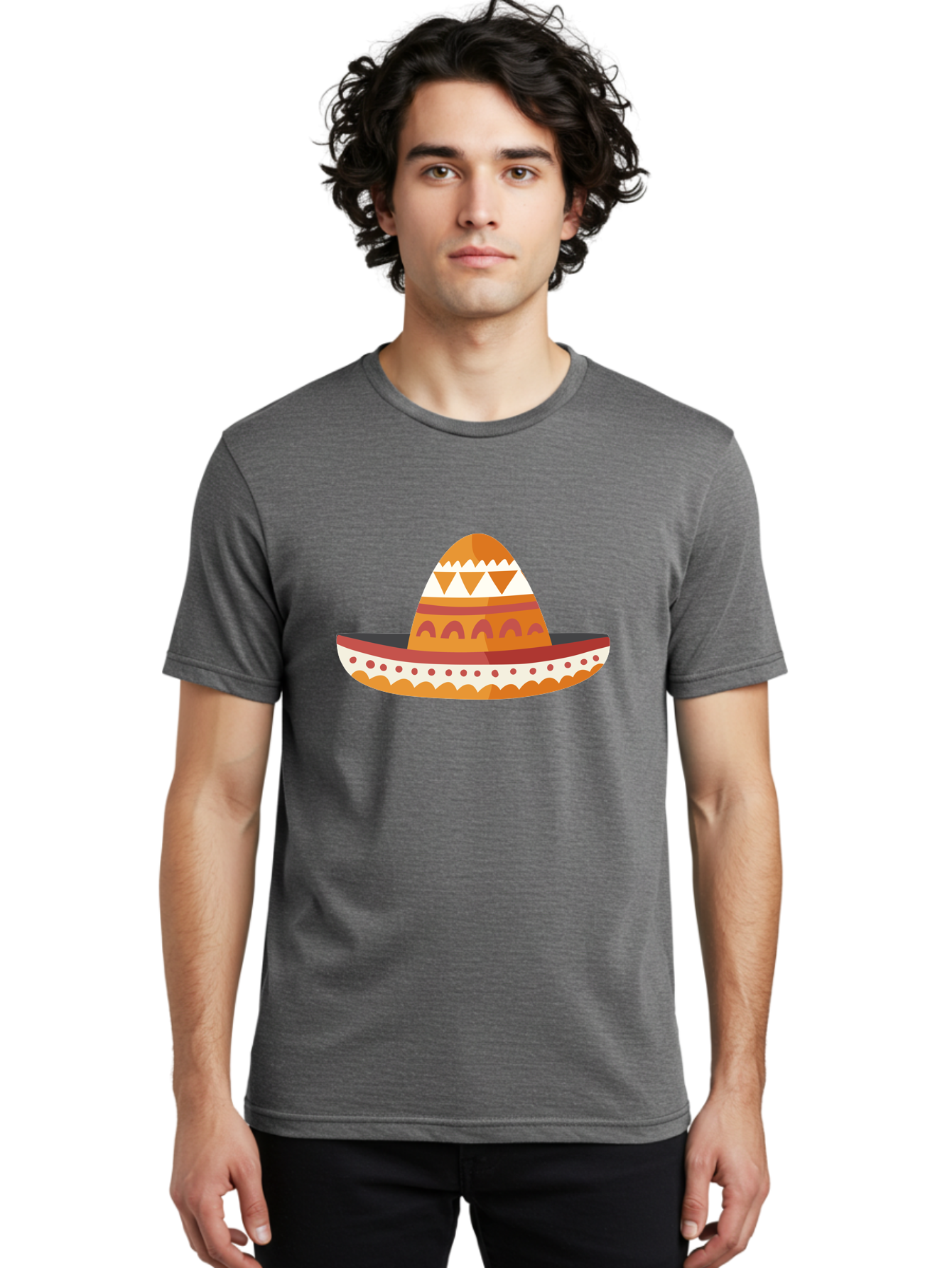 Sombrero-3 Men'S Graphic Tee, 100% Cotton, Comfortable Casual Summer Wear, Machine Washable, Traditional Mexican Hat, Vibrant Colors, Festive Atmosphere, Cultural Heritage, Orange And Red Stripes, White Accents, Decorative Patterns, Aad758