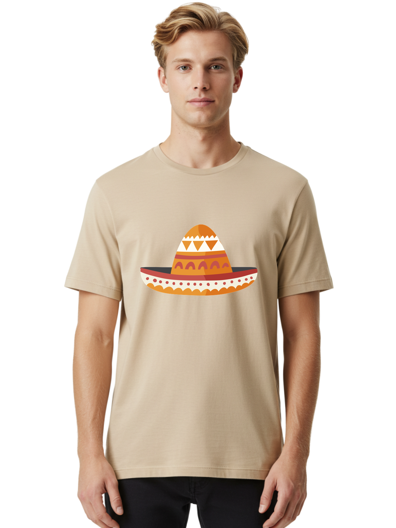 Sombrero-3 Men'S Graphic Tee, 100% Cotton, Comfortable Casual Summer Wear, Machine Washable, Traditional Mexican Hat, Vibrant Colors, Festive Atmosphere, Cultural Heritage, Orange And Red Stripes, White Accents, Decorative Patterns, Aad758
