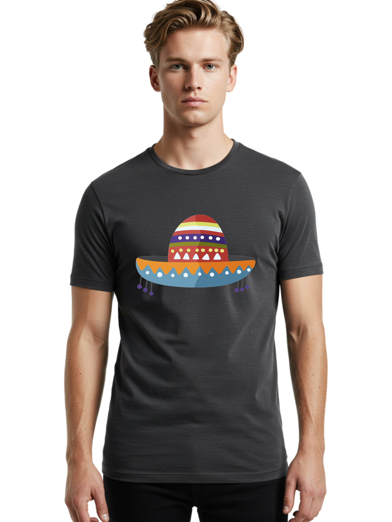 Sombrero Men'S Graphic Tee, 100% Cotton, Comfortable Casual Summer Wear, Machine Washable, Traditional Mexican Hat, Vibrant Colors, Festive Design, Cultural Heritage, Colorful Patterns, Decorative Elements, Fiesta Theme Aad759