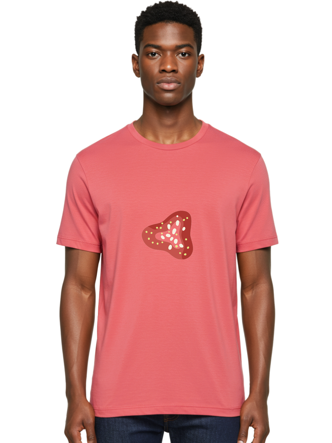 Strawberry Men'S Graphic Tee, 100% Cotton, Comfortable Casual Summer Wear, Machine Washable, Strawberry Illustration, Red Fruit, White Seeds, Green Leaves, Cartoon Style, Sweet Treat, Fresh Produce, Summer Fruit, Healthy Snack Aad763