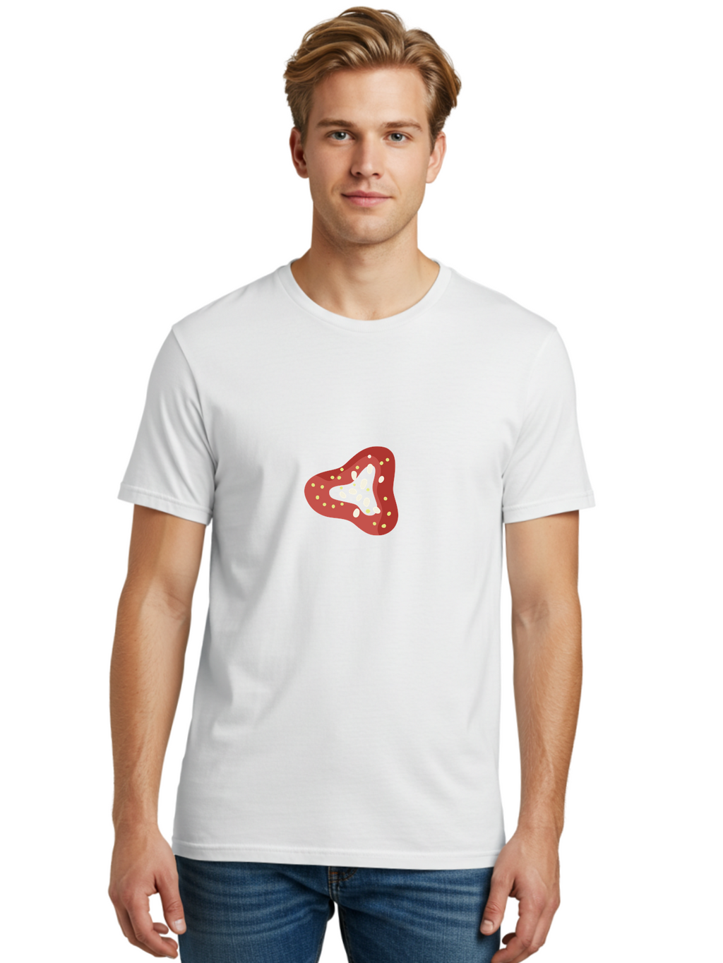 Strawberry Men'S Graphic Tee, 100% Cotton, Comfortable Casual Summer Wear, Machine Washable, Strawberry Illustration, Red Fruit, White Seeds, Green Leaves, Cartoon Style, Sweet Treat, Fresh Produce, Summer Fruit, Healthy Snack Aad763