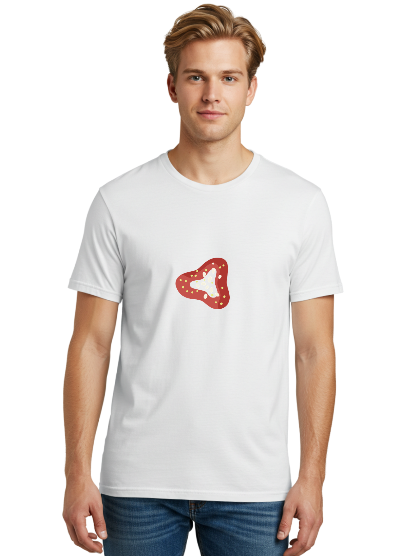 Strawberry Men'S Graphic Tee, 100% Cotton, Comfortable Casual Summer Wear, Machine Washable, Strawberry Illustration, Red Fruit, White Seeds, Green Leaves, Cartoon Style, Sweet Treat, Fresh Produce, Summer Fruit, Healthy Snack Aad763