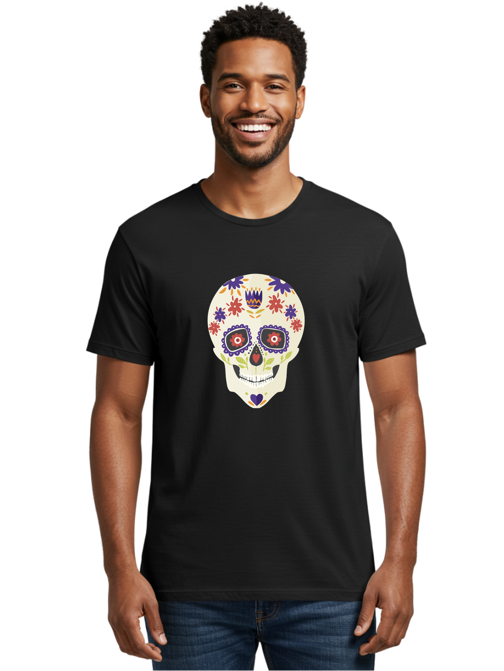 Sugar-Skull Men'S Graphic Tee, 100% Cotton, Comfortable Casual Summer Wear, Machine Washable, Sugar Skull, Day Of The Dead, Floral Design, Colorful Decorations, Vibrant Flowers, Festive Illustration, Traditional Mexican Art, Aad764