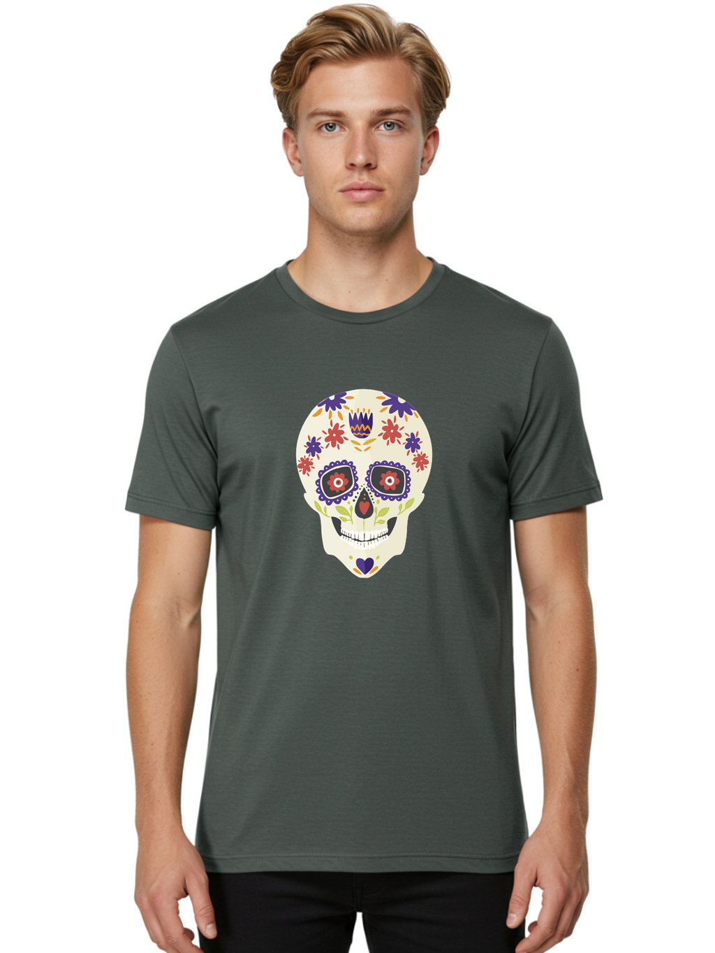 Sugar-Skull Men'S Graphic Tee, 100% Cotton, Comfortable Casual Summer Wear, Machine Washable, Sugar Skull, Day Of The Dead, Floral Design, Colorful Decorations, Vibrant Flowers, Festive Illustration, Traditional Mexican Art, Aad764