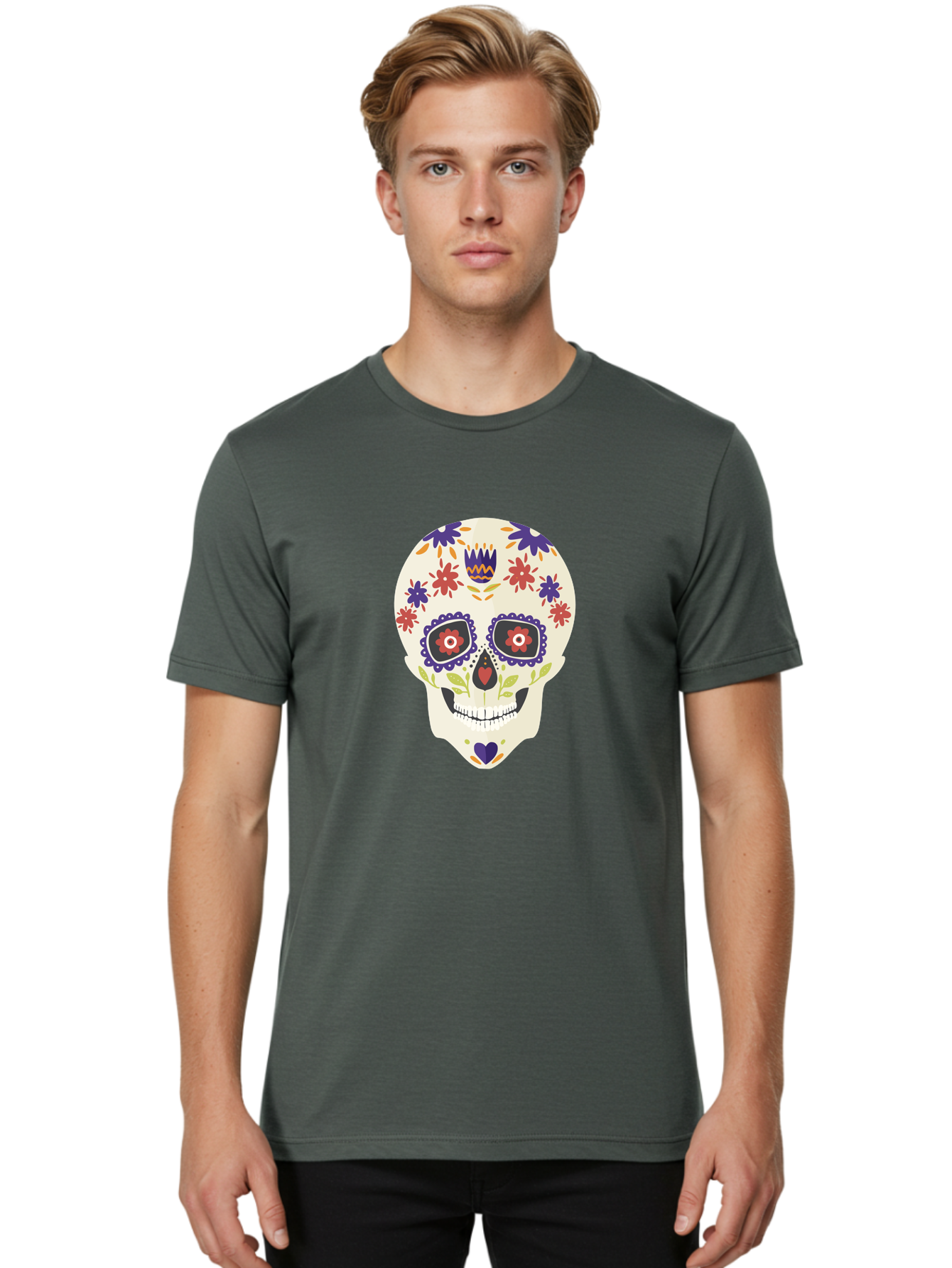 Sugar-Skull Men'S Graphic Tee, 100% Cotton, Comfortable Casual Summer Wear, Machine Washable, Sugar Skull, Day Of The Dead, Floral Design, Colorful Decorations, Vibrant Flowers, Festive Illustration, Traditional Mexican Art, Aad764