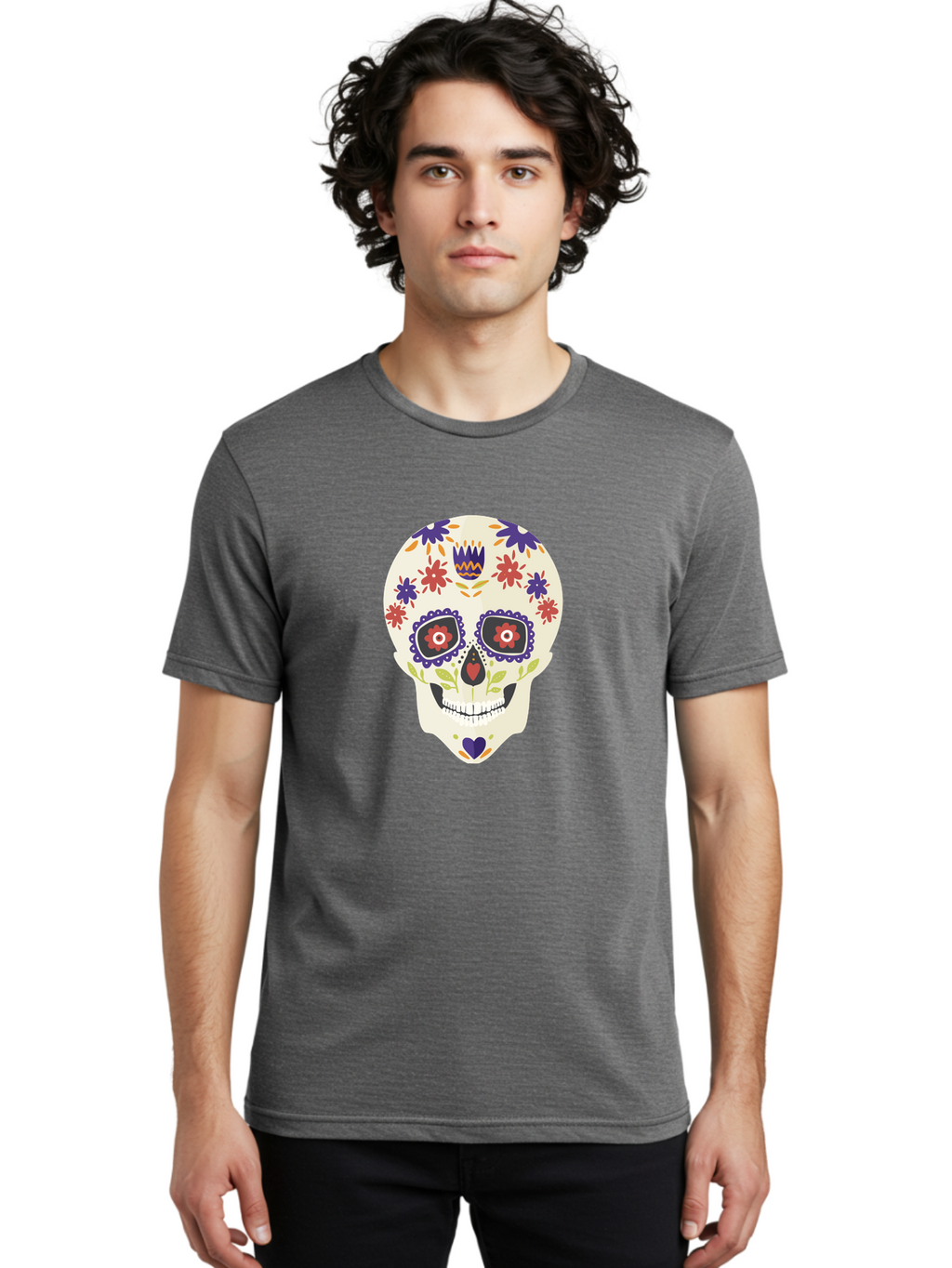 Sugar-Skull Men'S Graphic Tee, 100% Cotton, Comfortable Casual Summer Wear, Machine Washable, Sugar Skull, Day Of The Dead, Floral Design, Colorful Decorations, Vibrant Flowers, Festive Illustration, Traditional Mexican Art, Aad764