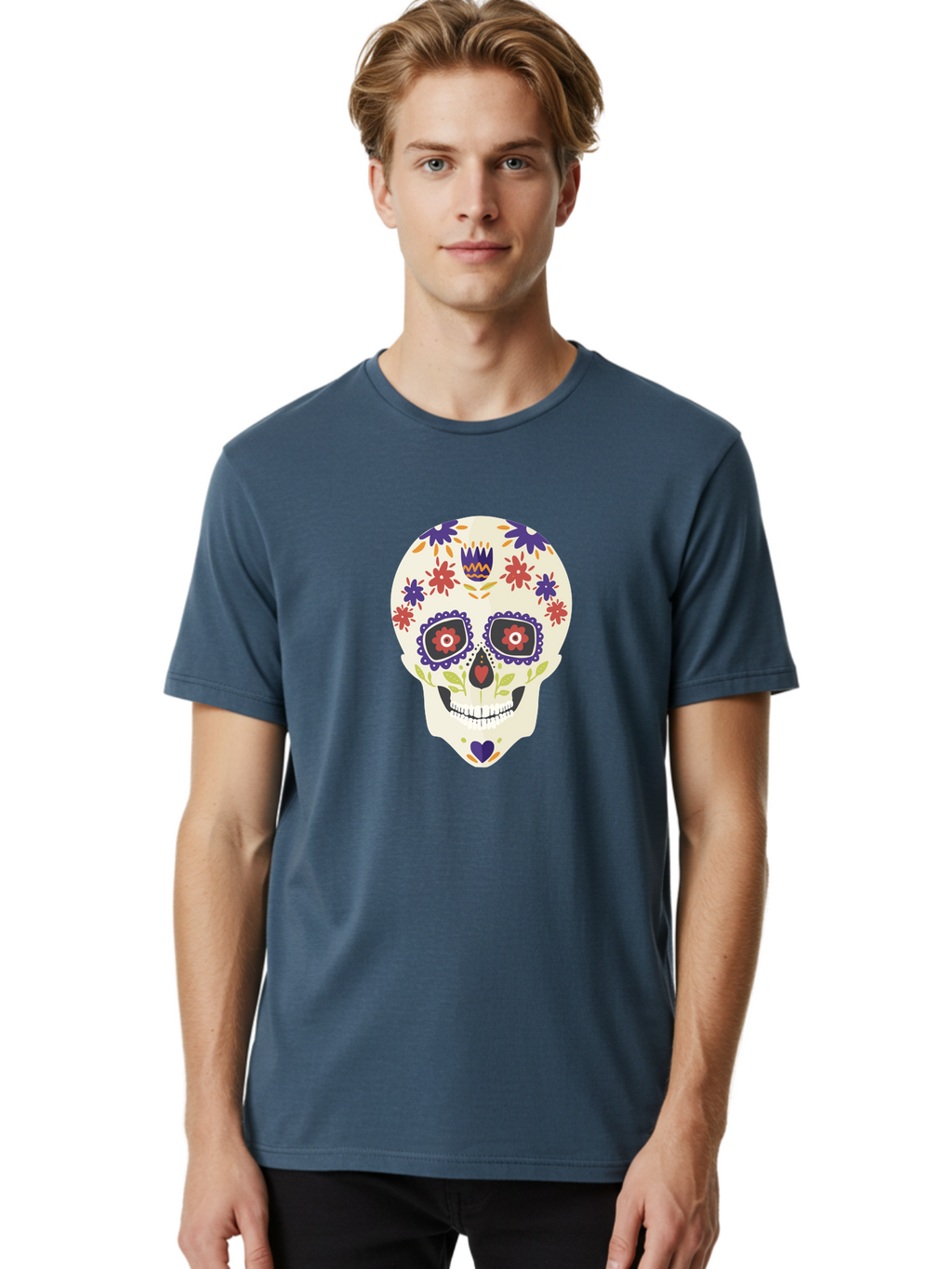 Sugar-Skull Men'S Graphic Tee, 100% Cotton, Comfortable Casual Summer Wear, Machine Washable, Sugar Skull, Day Of The Dead, Floral Design, Colorful Decorations, Vibrant Flowers, Festive Illustration, Traditional Mexican Art, Aad764