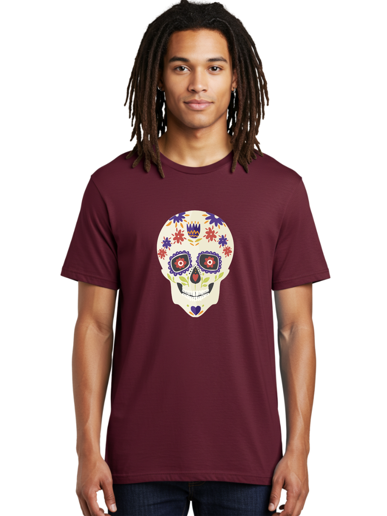 Sugar-Skull Men'S Graphic Tee, 100% Cotton, Comfortable Casual Summer Wear, Machine Washable, Sugar Skull, Day Of The Dead, Floral Design, Colorful Decorations, Vibrant Flowers, Festive Illustration, Traditional Mexican Art, Aad764