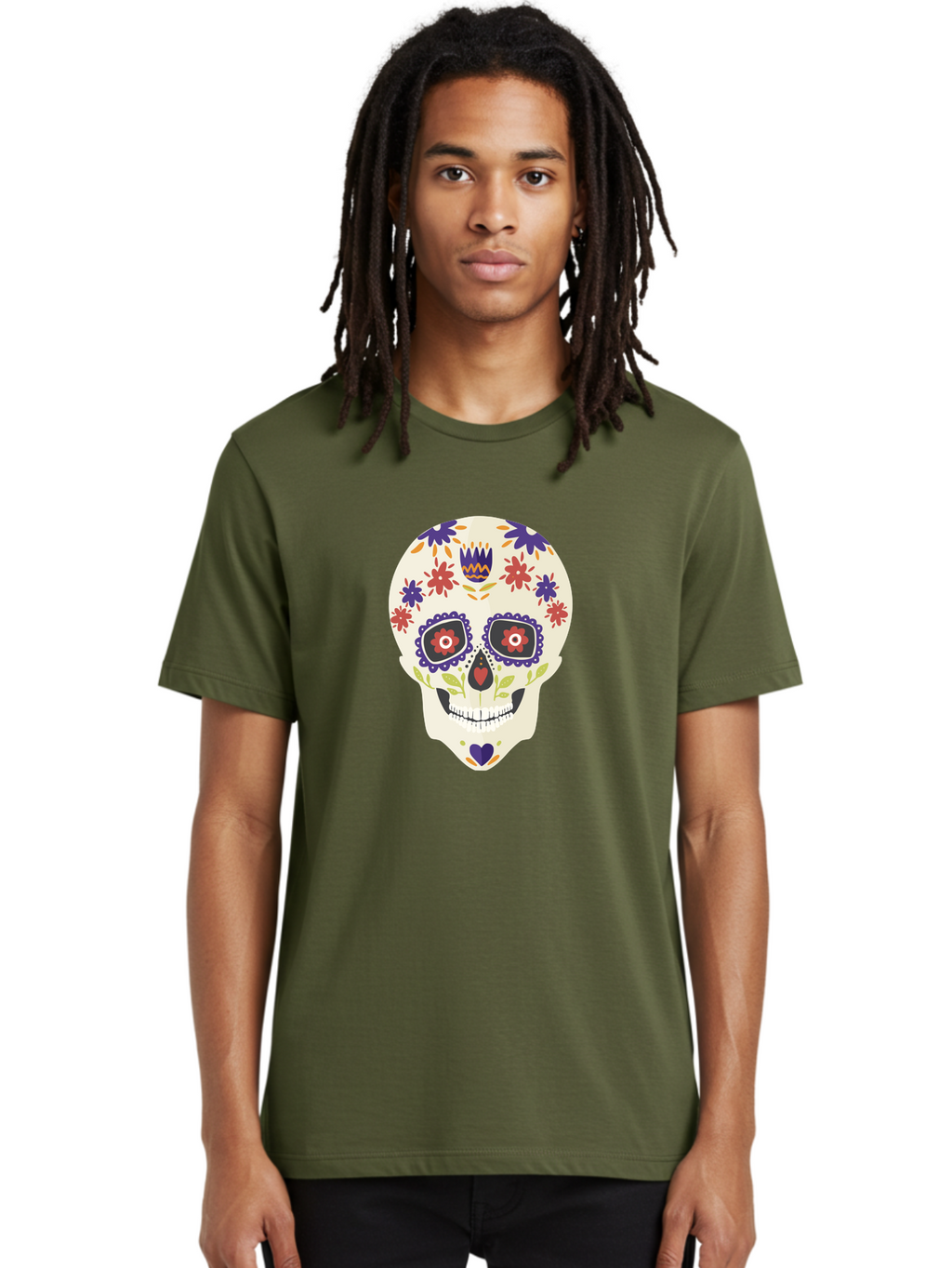 Sugar-Skull Men'S Graphic Tee, 100% Cotton, Comfortable Casual Summer Wear, Machine Washable, Sugar Skull, Day Of The Dead, Floral Design, Colorful Decorations, Vibrant Flowers, Festive Illustration, Traditional Mexican Art, Aad764