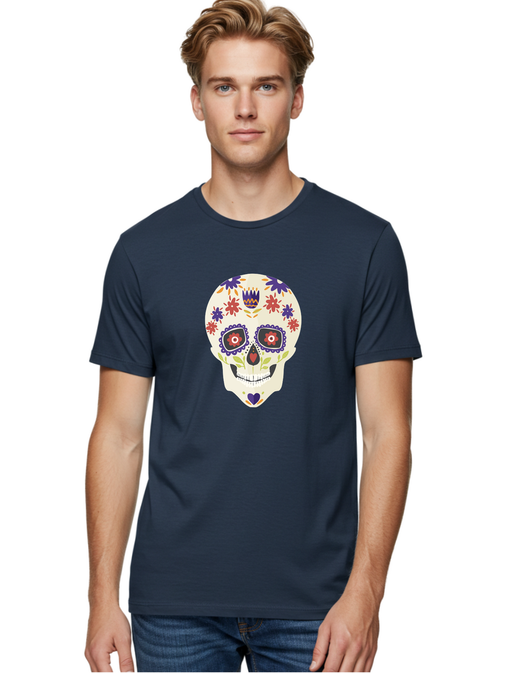 Sugar-Skull Men'S Graphic Tee, 100% Cotton, Comfortable Casual Summer Wear, Machine Washable, Sugar Skull, Day Of The Dead, Floral Design, Colorful Decorations, Vibrant Flowers, Festive Illustration, Traditional Mexican Art, Aad764