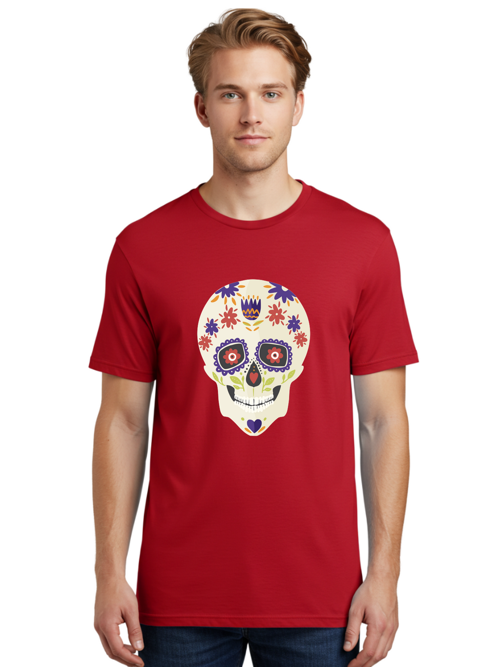Sugar-Skull Men'S Graphic Tee, 100% Cotton, Comfortable Casual Summer Wear, Machine Washable, Sugar Skull, Day Of The Dead, Floral Design, Colorful Decorations, Vibrant Flowers, Festive Illustration, Traditional Mexican Art, Aad764