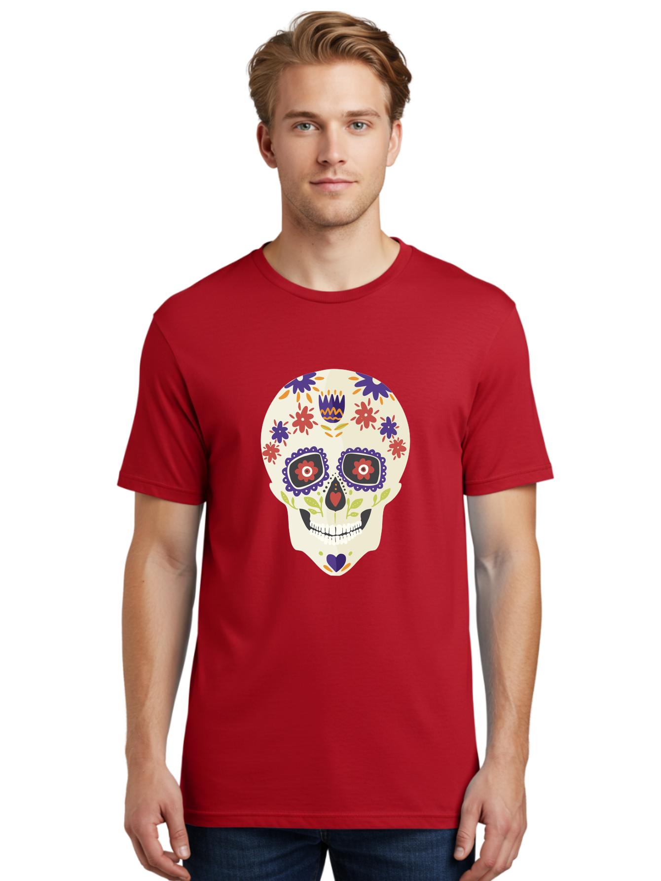 Sugar-Skull Men'S Graphic Tee, 100% Cotton, Comfortable Casual Summer Wear, Machine Washable, Sugar Skull, Day Of The Dead, Floral Design, Colorful Decorations, Vibrant Flowers, Festive Illustration, Traditional Mexican Art, Aad764