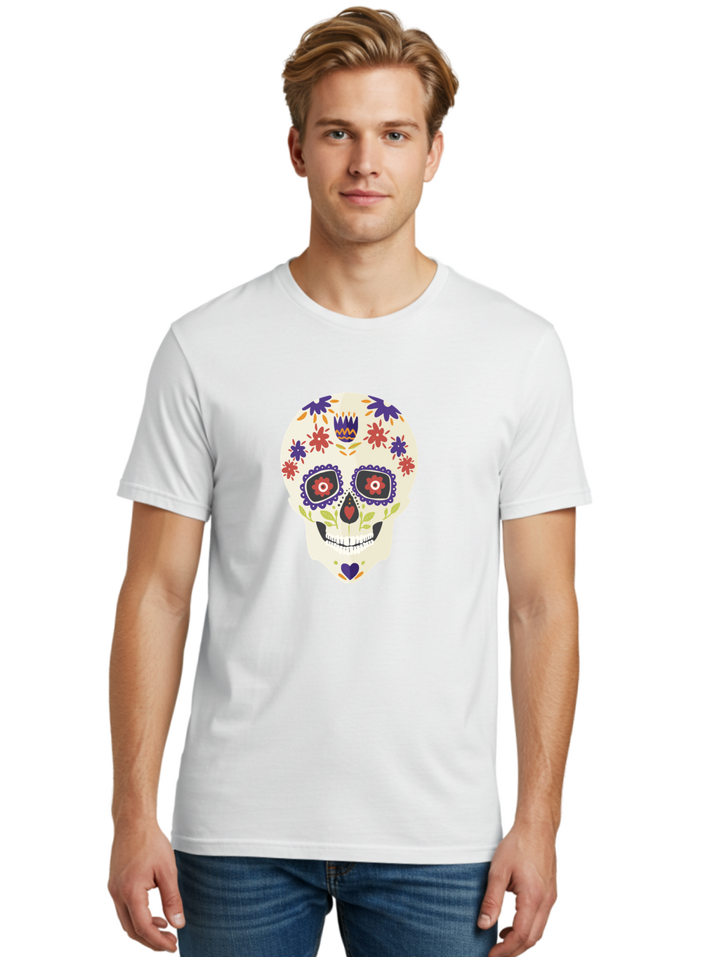 Sugar-Skull Men'S Graphic Tee, 100% Cotton, Comfortable Casual Summer Wear, Machine Washable, Sugar Skull, Day Of The Dead, Floral Design, Colorful Decorations, Vibrant Flowers, Festive Illustration, Traditional Mexican Art, Aad764