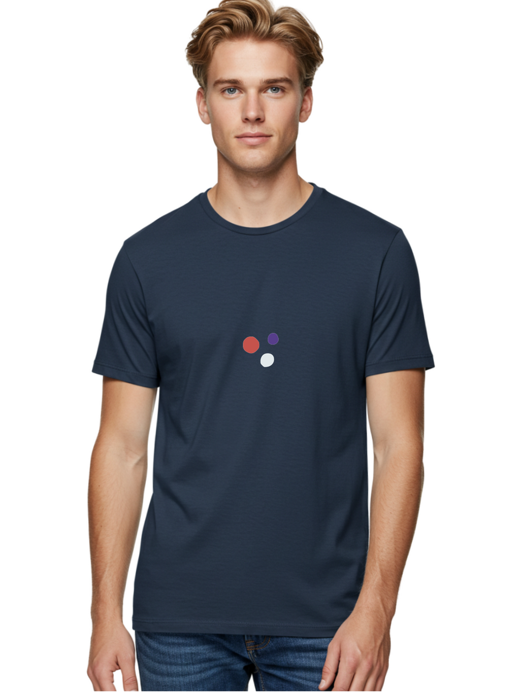 Three-Colored-Circles Men'S Graphic Tee, 100% Cotton, Comfortable Casual Summer Wear, Machine Washable, Three Circles, Red Circle, Purple Circle, White Circle, Simple Graphics, Minimalist Design, Bold Colors, Graphic Elements Aad768