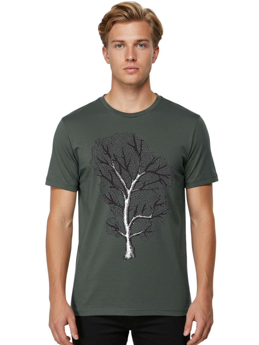 Tree Men'S Graphic Tee, 100% Cotton, Comfortable Casual Summer Wear, Machine Washable, Stylized Tree, Black And White Illustration, Leafy Branches, Detailed Foliage, Graphic Design Element, Artistic Tree, Natural Motif, Sketch Art Aad769