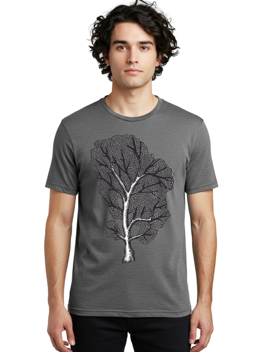 Tree Men'S Graphic Tee, 100% Cotton, Comfortable Casual Summer Wear, Machine Washable, Stylized Tree, Black And White Illustration, Leafy Branches, Detailed Foliage, Graphic Design Element, Artistic Tree, Natural Motif, Sketch Art Aad769