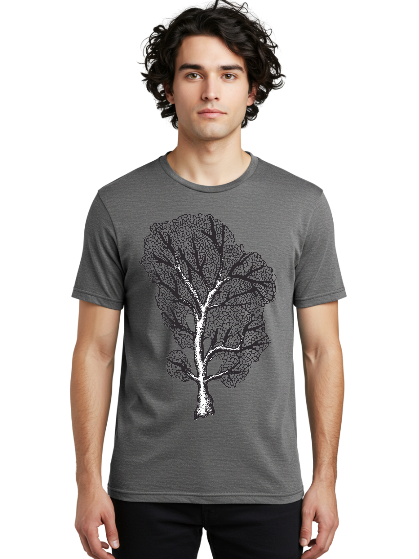 Tree Men'S Graphic Tee, 100% Cotton, Comfortable Casual Summer Wear, Machine Washable, Stylized Tree, Black And White Illustration, Leafy Branches, Detailed Foliage, Graphic Design Element, Artistic Tree, Natural Motif, Sketch Art Aad769