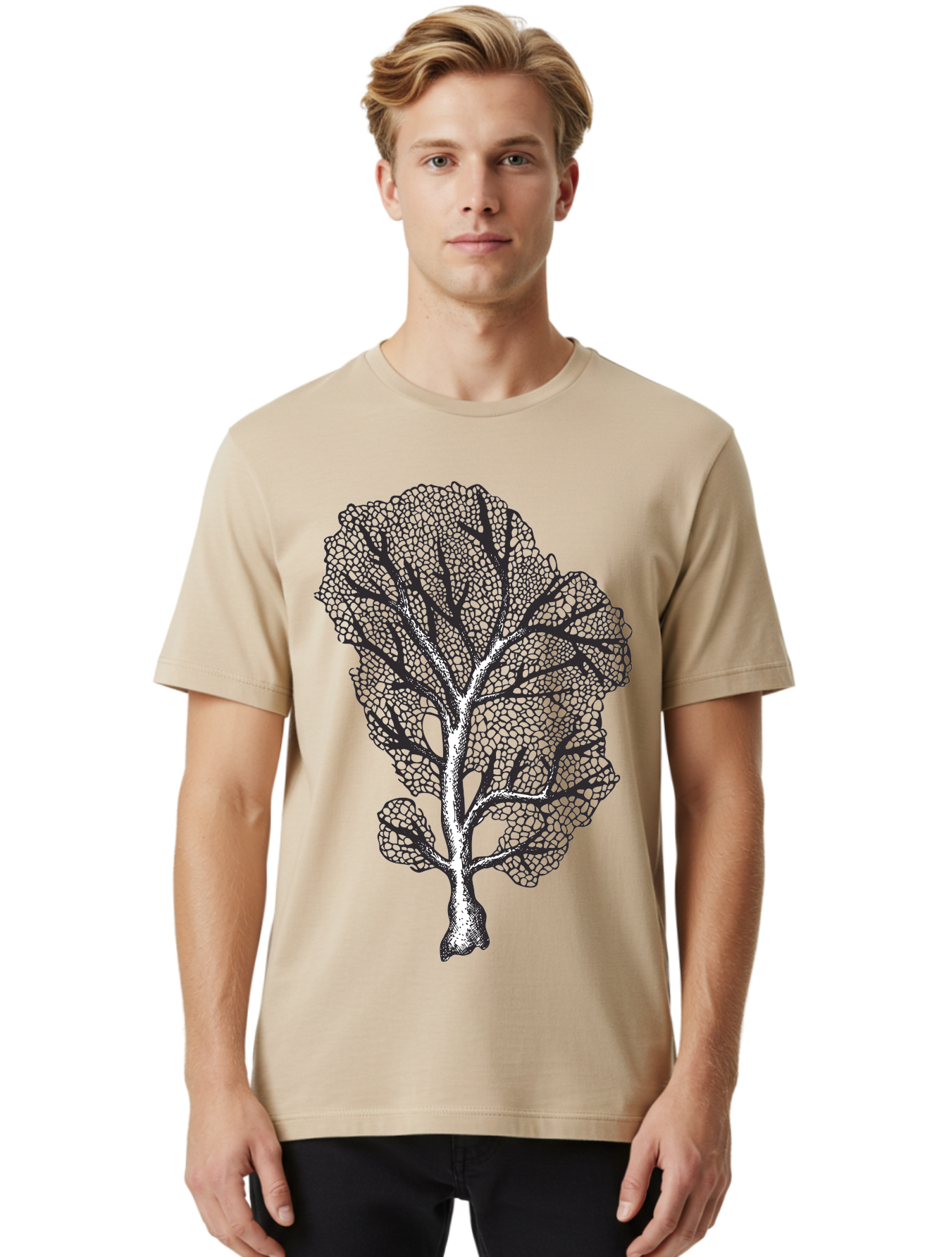Tree Men'S Graphic Tee, 100% Cotton, Comfortable Casual Summer Wear, Machine Washable, Stylized Tree, Black And White Illustration, Leafy Branches, Detailed Foliage, Graphic Design Element, Artistic Tree, Natural Motif, Sketch Art Aad769