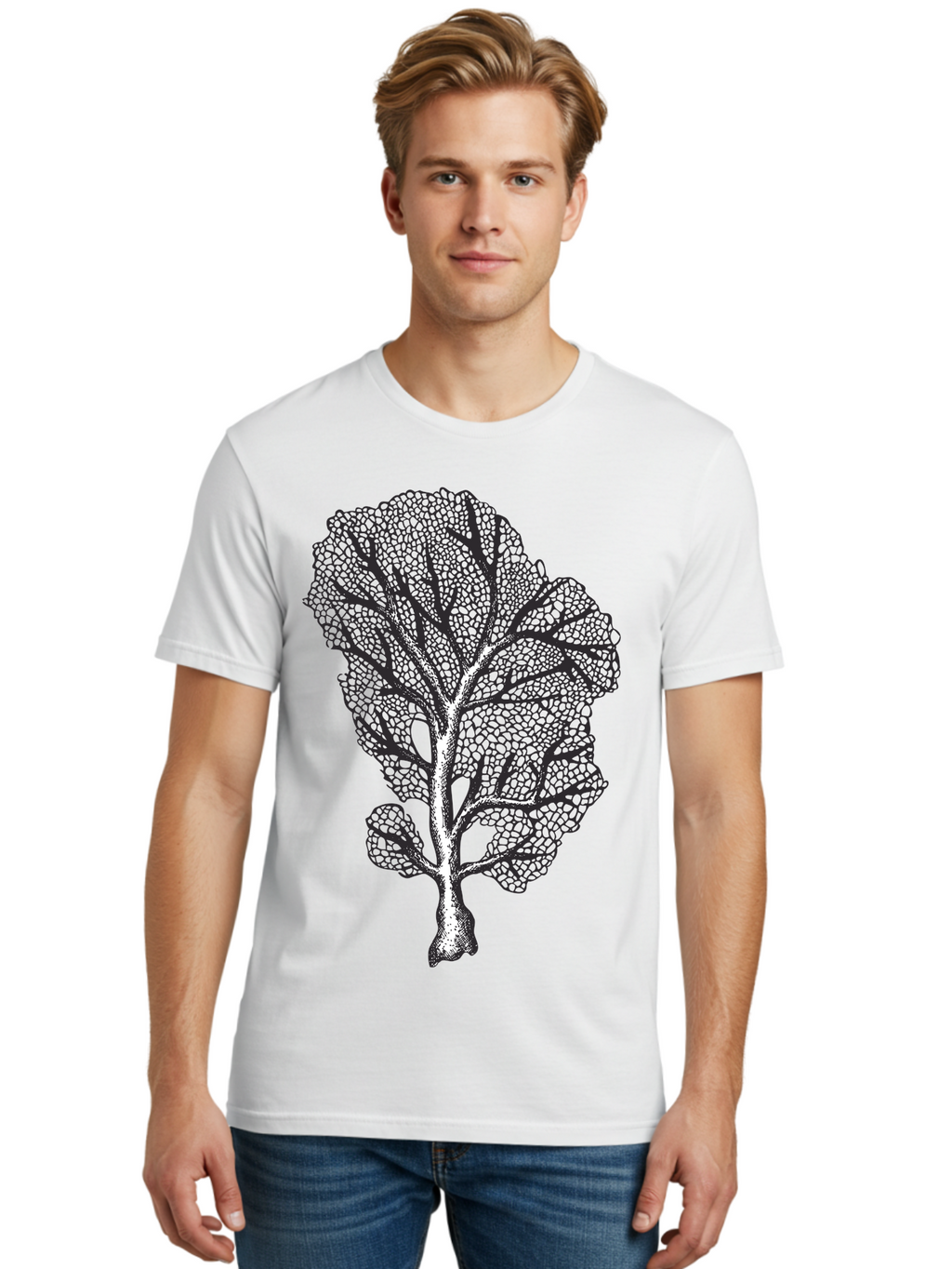Tree Men'S Graphic Tee, 100% Cotton, Comfortable Casual Summer Wear, Machine Washable, Stylized Tree, Black And White Illustration, Leafy Branches, Detailed Foliage, Graphic Design Element, Artistic Tree, Natural Motif, Sketch Art Aad769