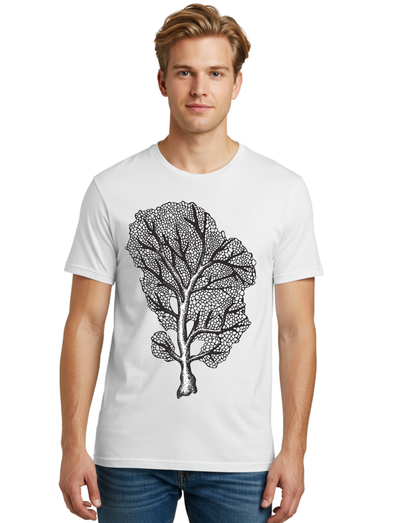 Tree Men'S Graphic Tee, 100% Cotton, Comfortable Casual Summer Wear, Machine Washable, Stylized Tree, Black And White Illustration, Leafy Branches, Detailed Foliage, Graphic Design Element, Artistic Tree, Natural Motif, Sketch Art Aad769